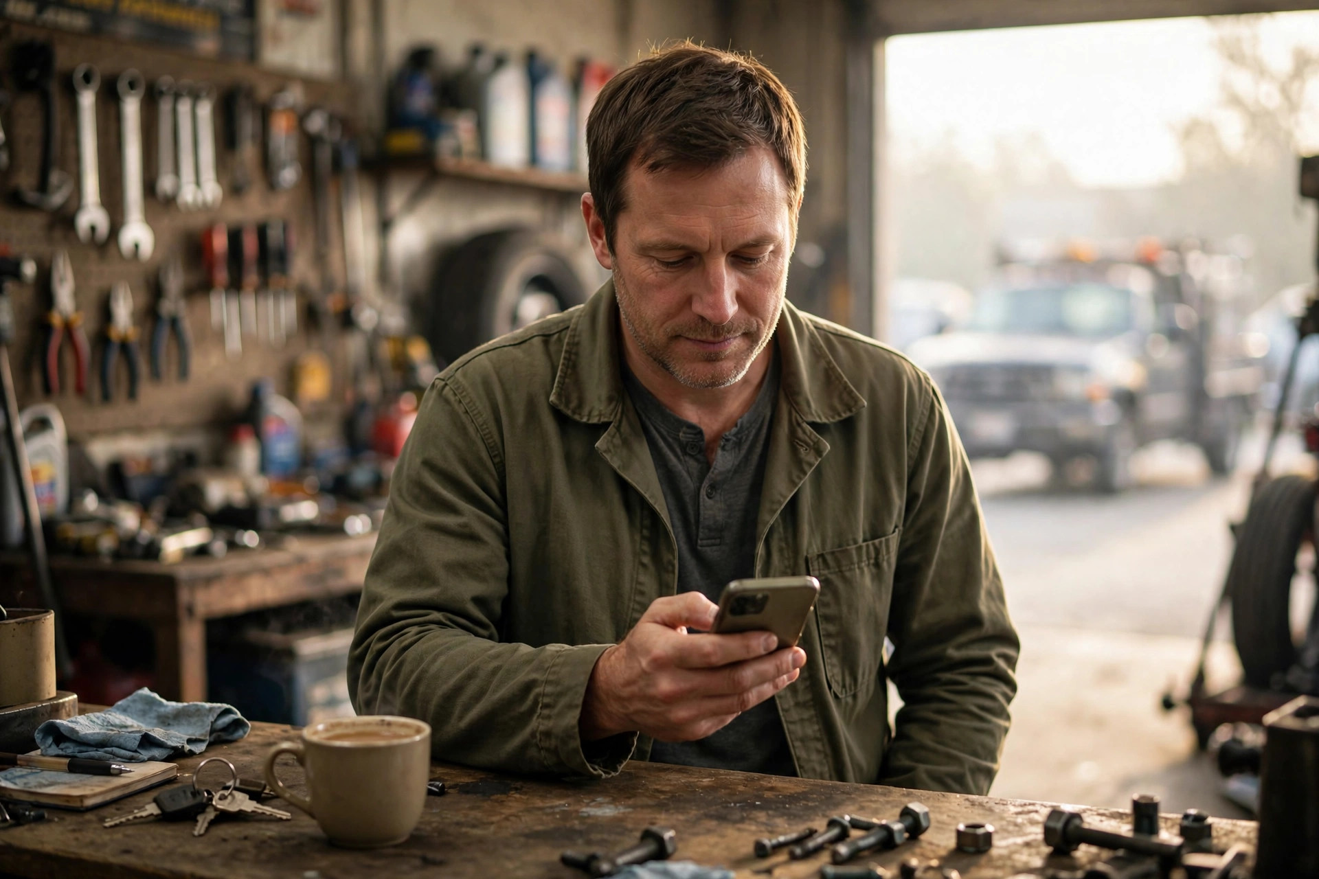 Small business owner checking the morning's economic news on his phone at his shop counter
