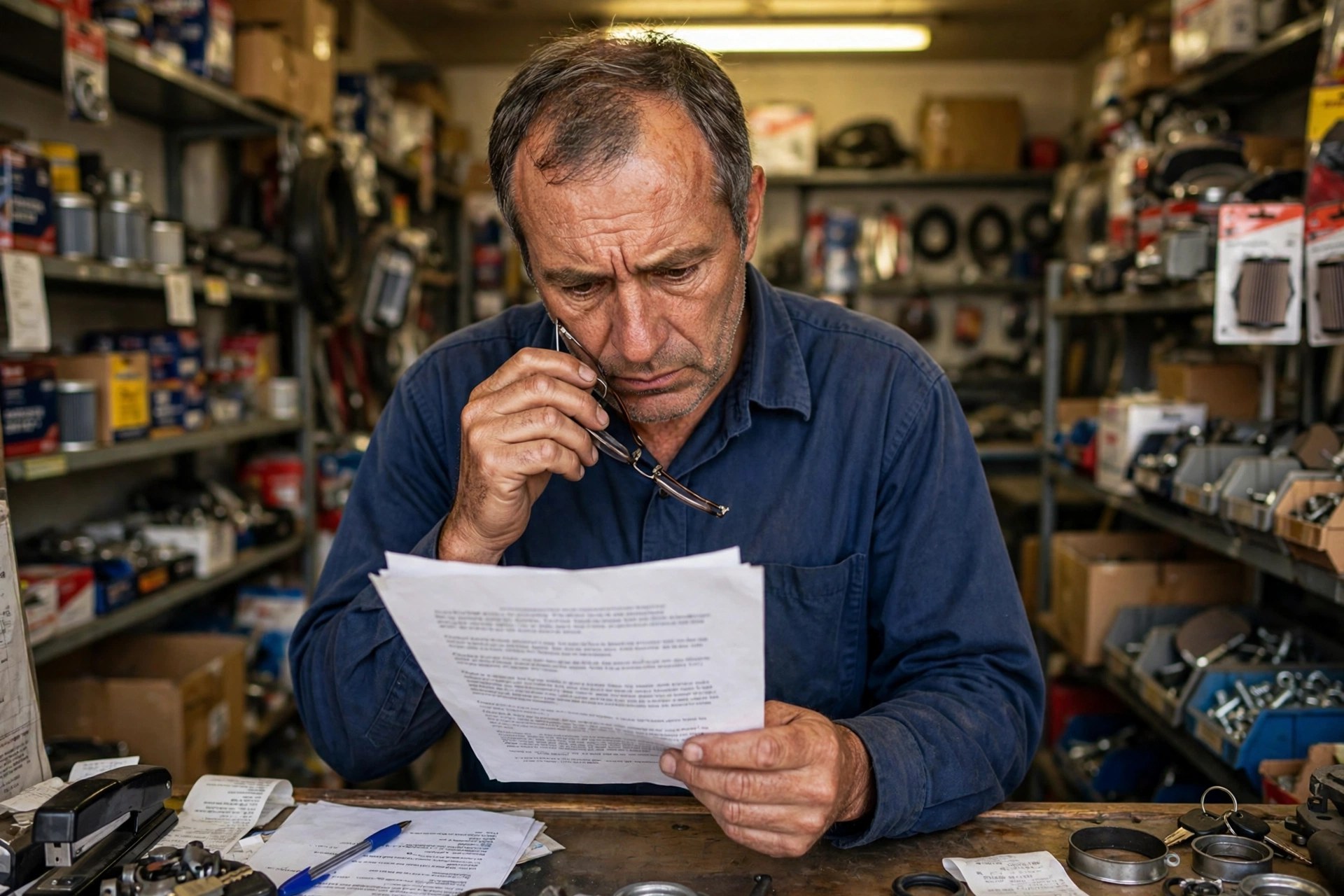 Small business owner carefully reading a funding contract at his shop counter before signing