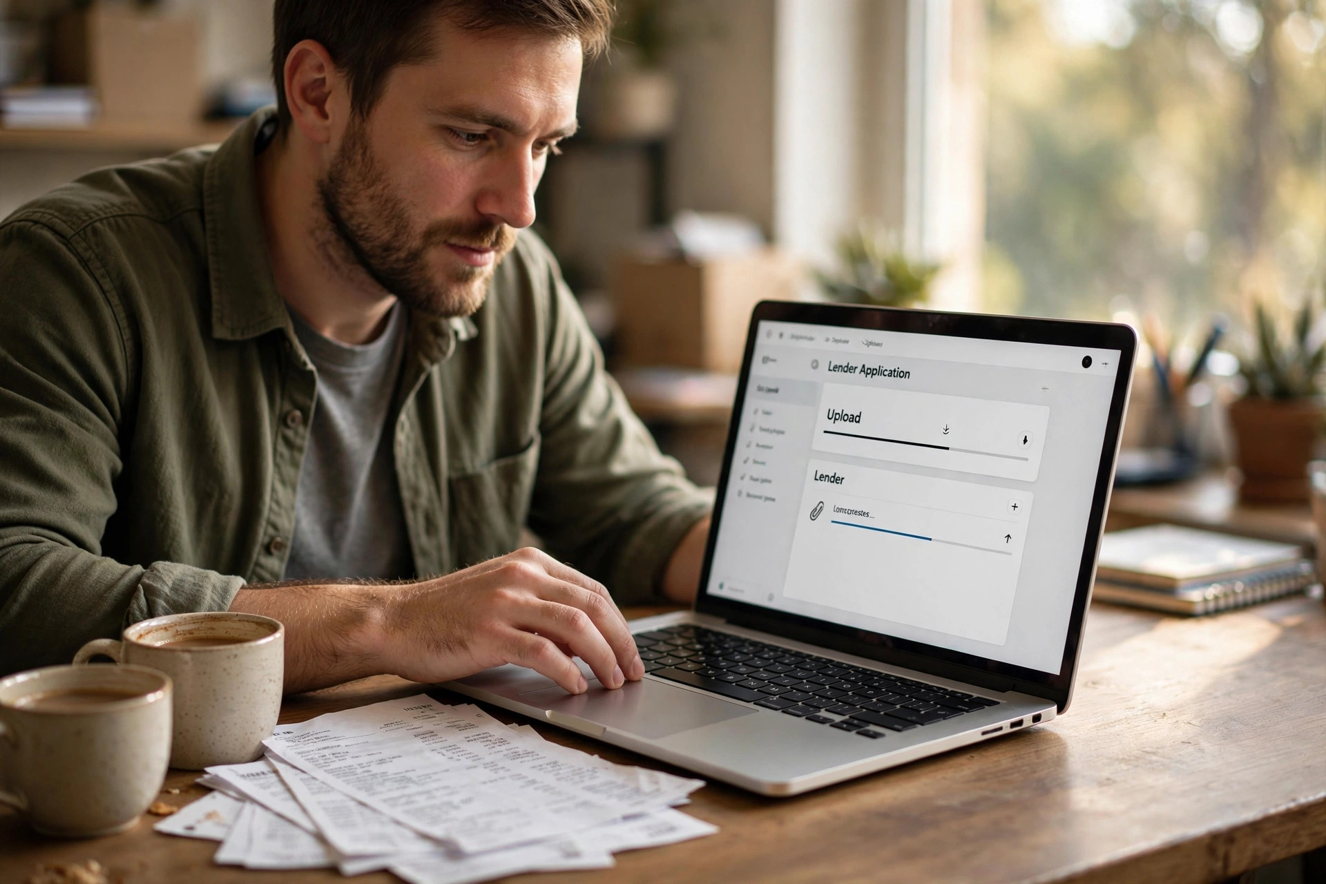 Small business owner uploading bank statements to a lender application on his laptop