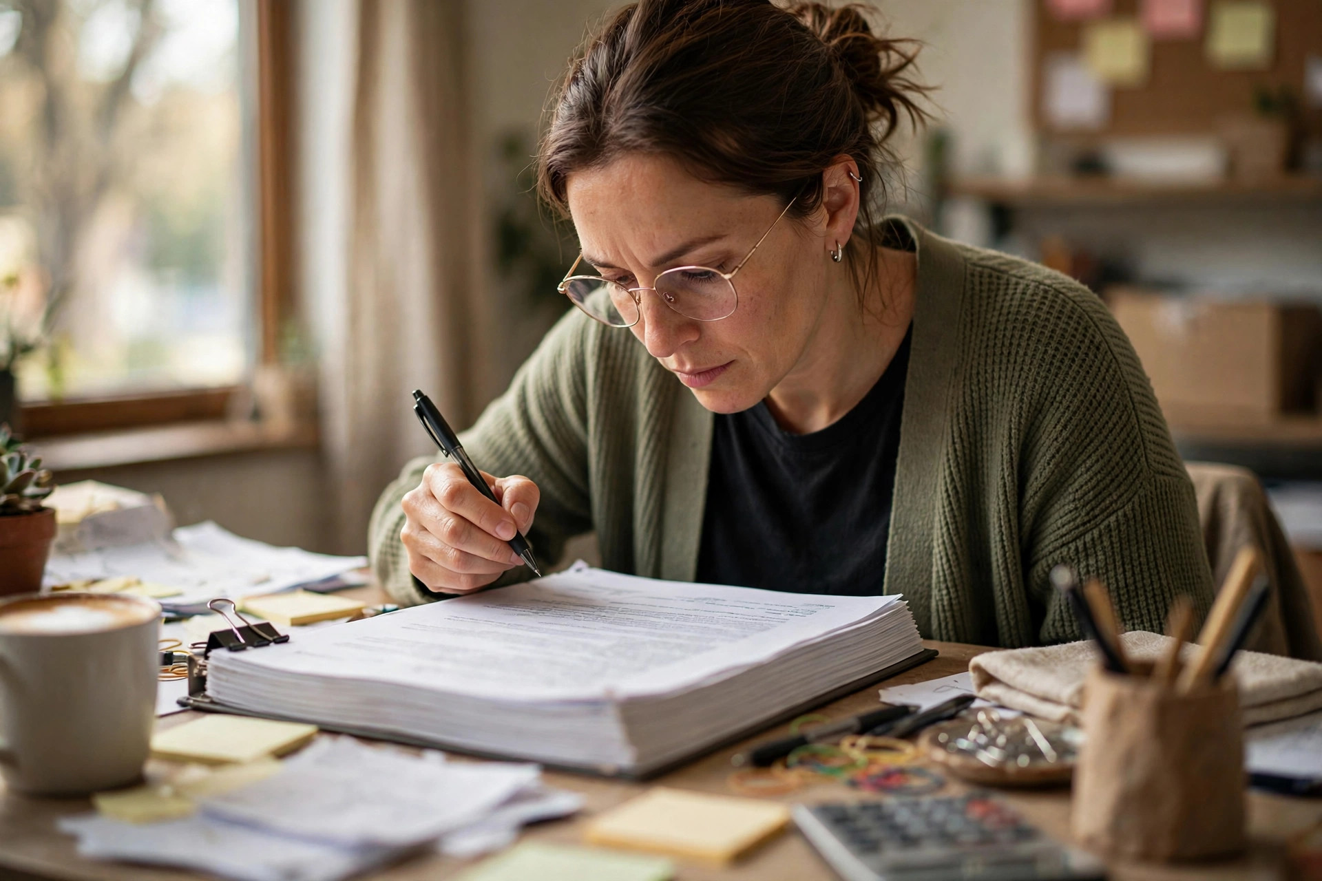 Small business owner carefully reviewing a thick funding contract at a desk, pen in hand, under natural window light
