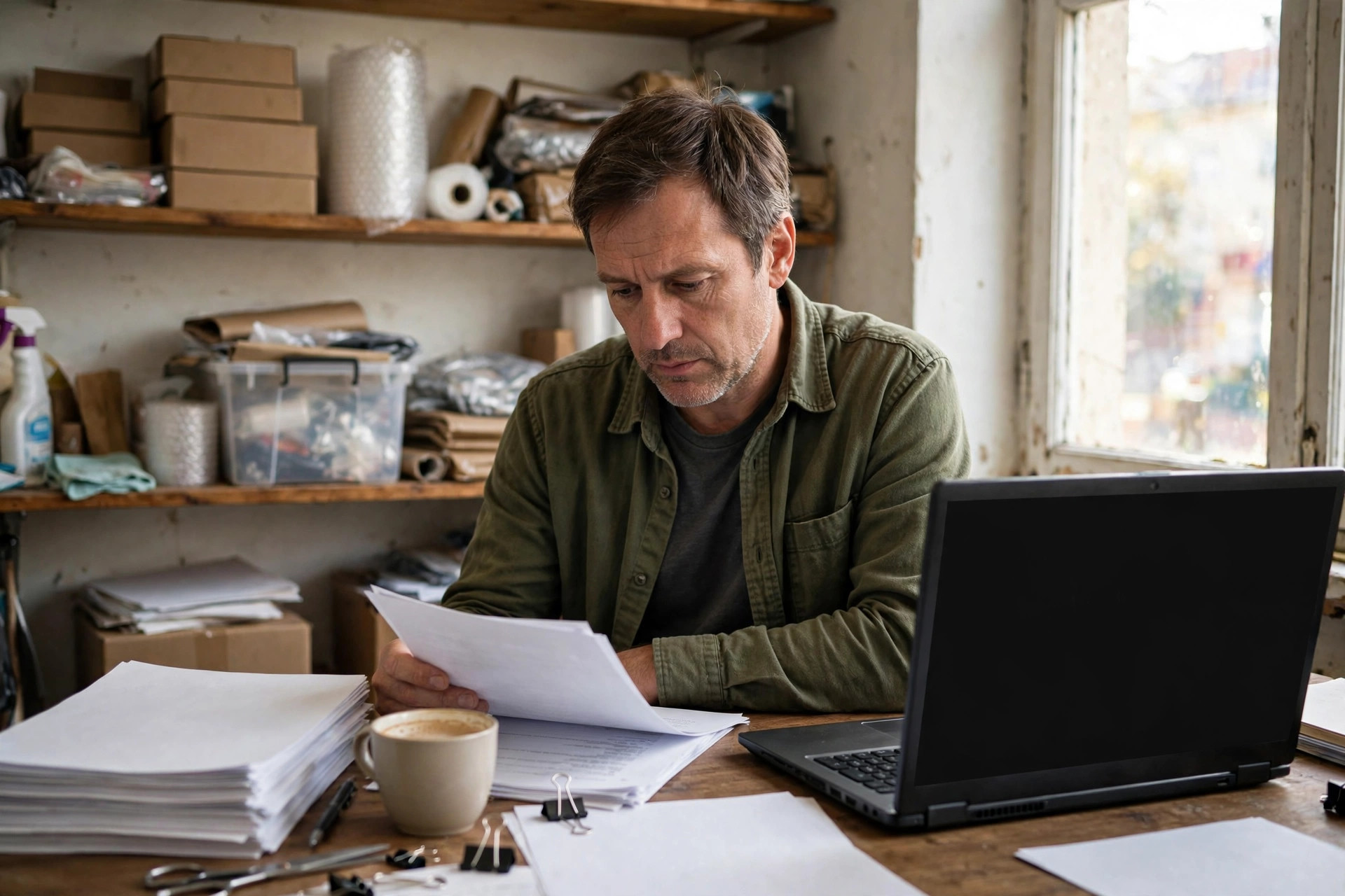 Small business owner reviewing funding paperwork at his desk in the back office of his shop, laptop and invoices beside him