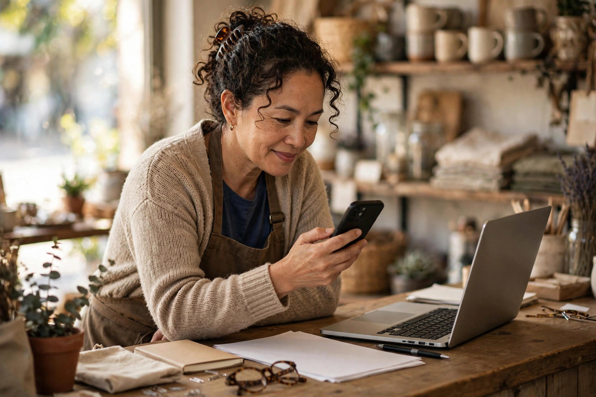 Small business owner checking her phone for funding news at her shop counter
