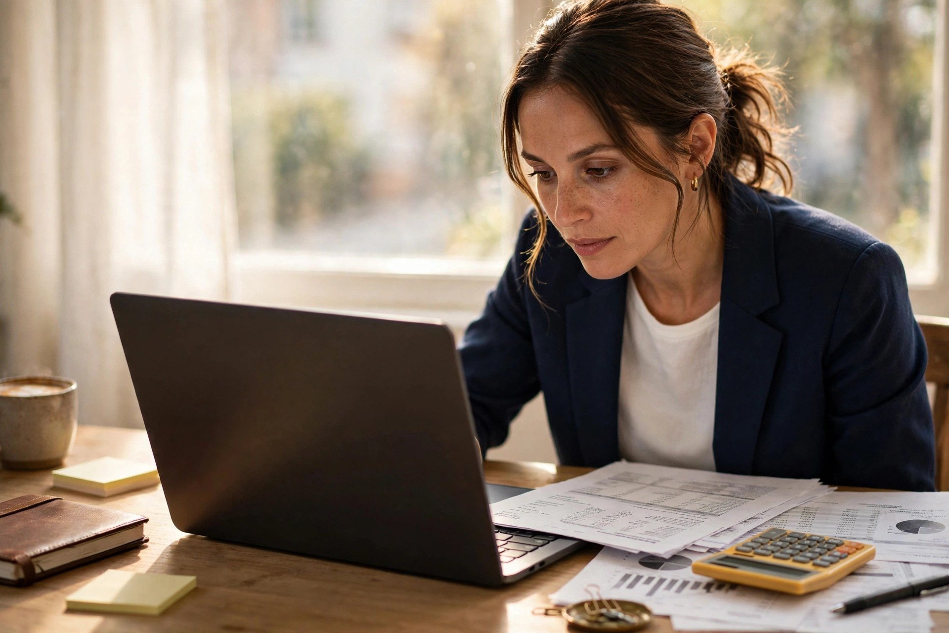 Small business owner reviewing a credit report on a laptop at a desk with financial papers and a calculator