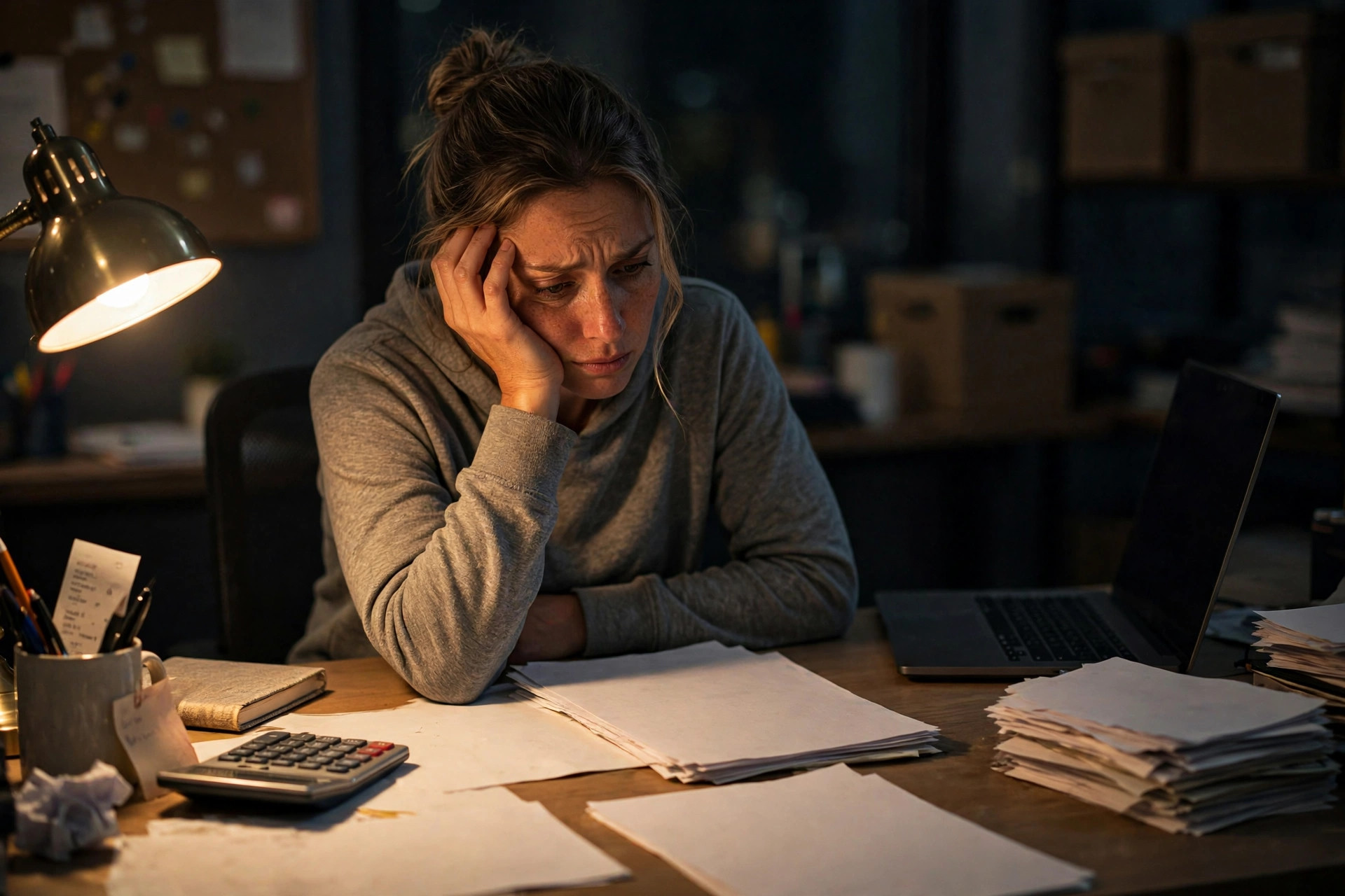 Worried small business owner reviewing overdue bills and bank statements at a desk late at night