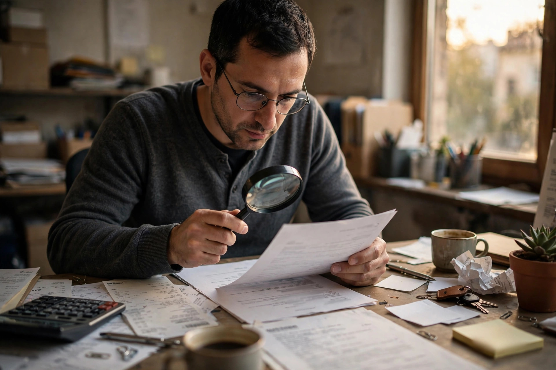 Small business owner reading the fine print of a funding contract with a magnifying glass