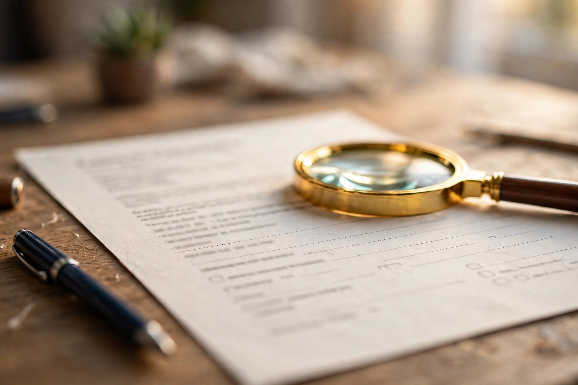 A magnifying glass resting on a business funding contract on an office desk