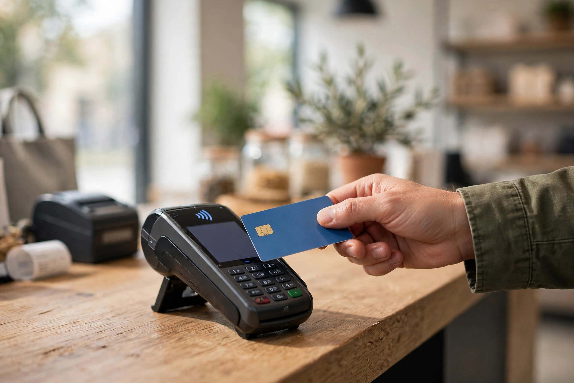 Card payment terminal on a retail counter with a customer tapping a credit card to pay