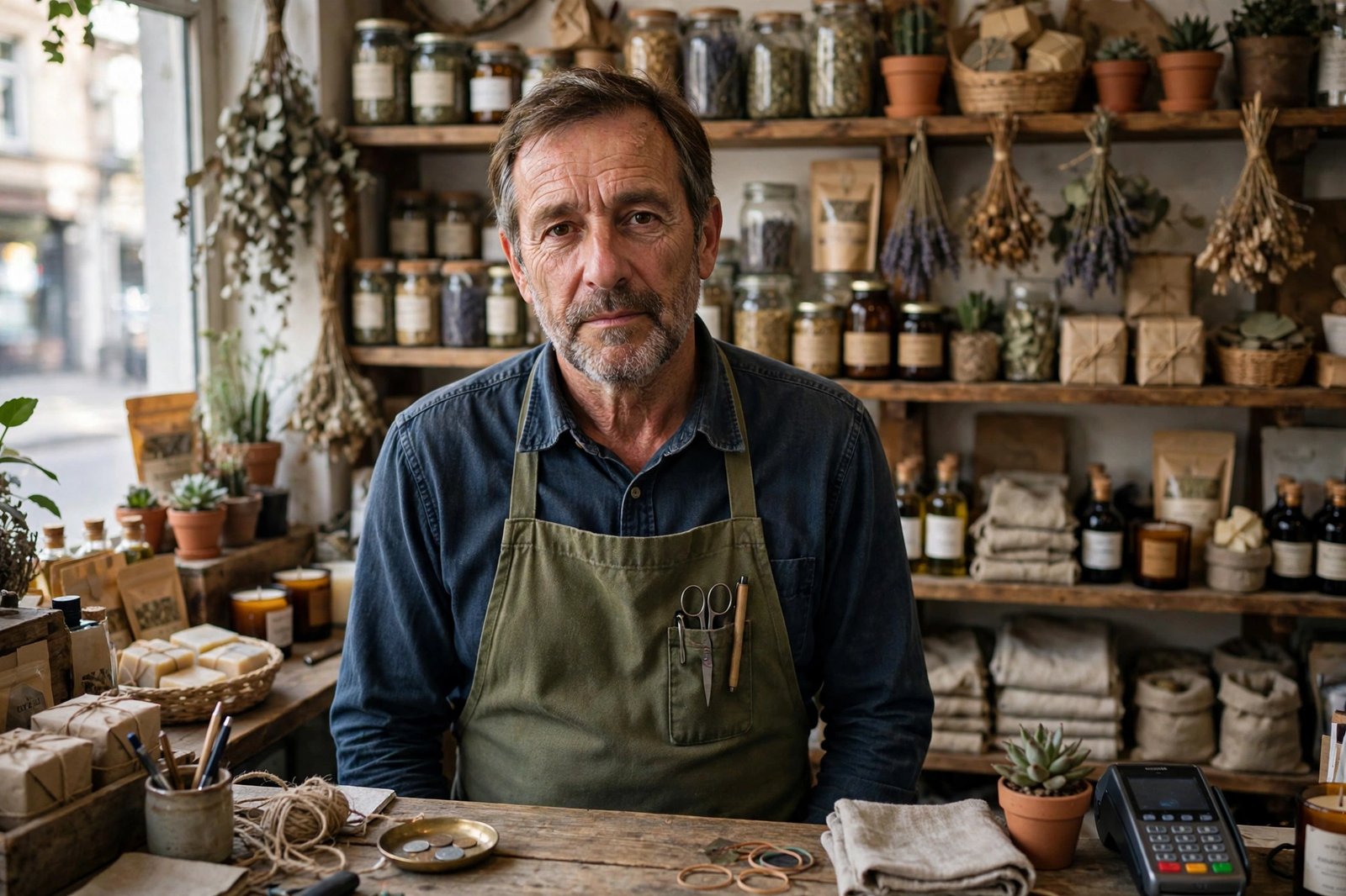 Small business owner in his shop reviewing the real cost of a merchant cash advance