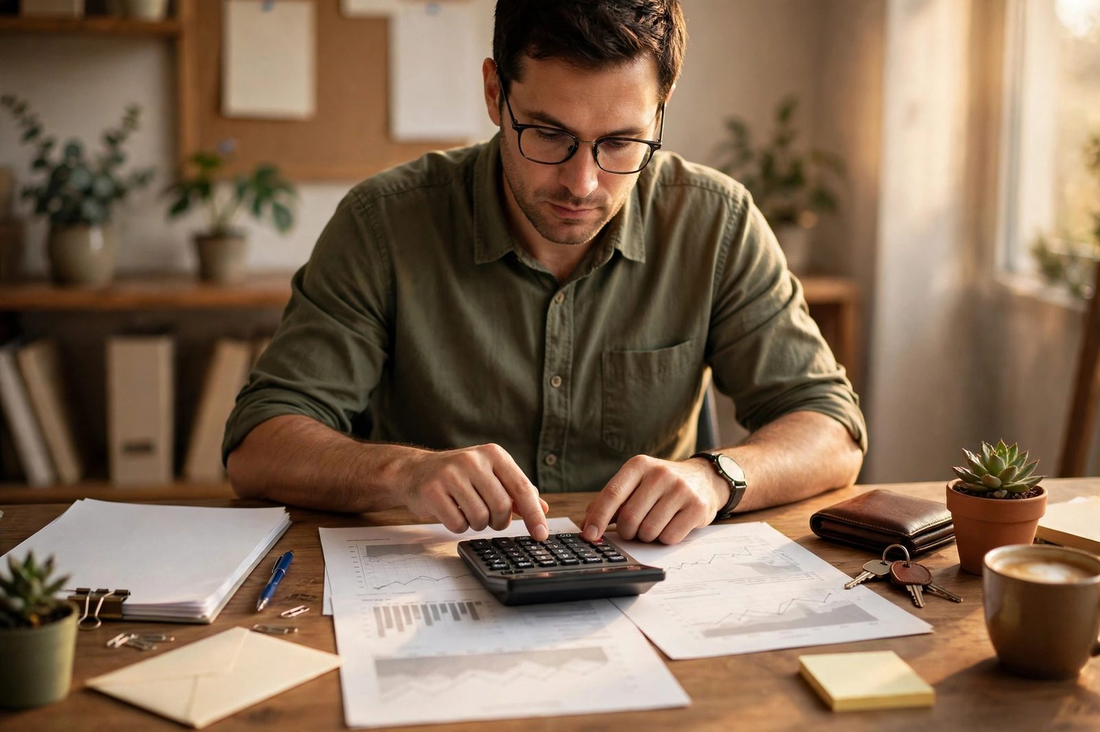 A small business owner reviewing financial documents with a calculator on a desk