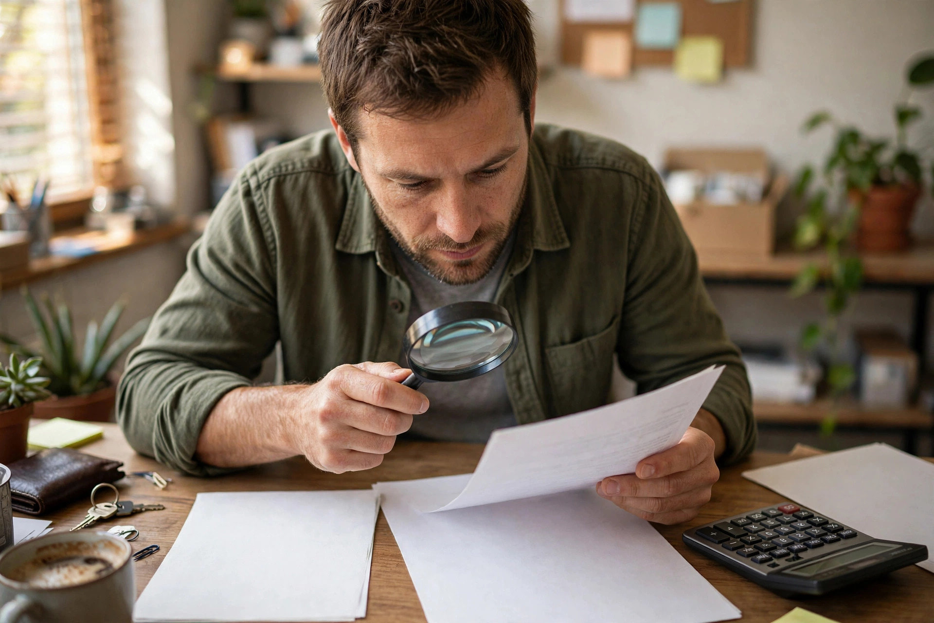Small business owner reading the fine print of a funding contract with a magnifying glass, calculator and statements on the desk