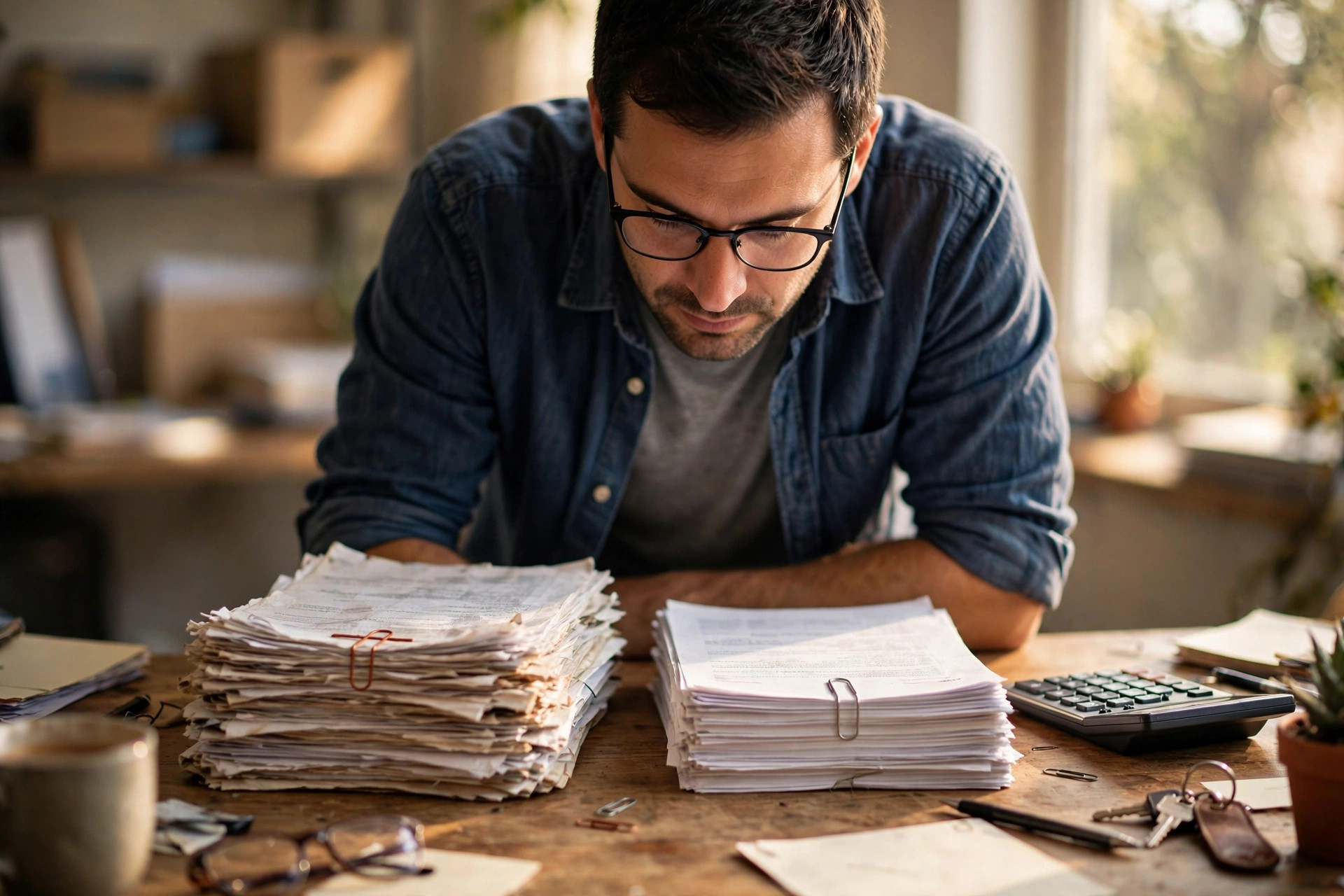 Small business owner comparing a tall stack of expensive MCA paperwork against a cleaner refinancing offer at a back-office desk, calculator beside the papers