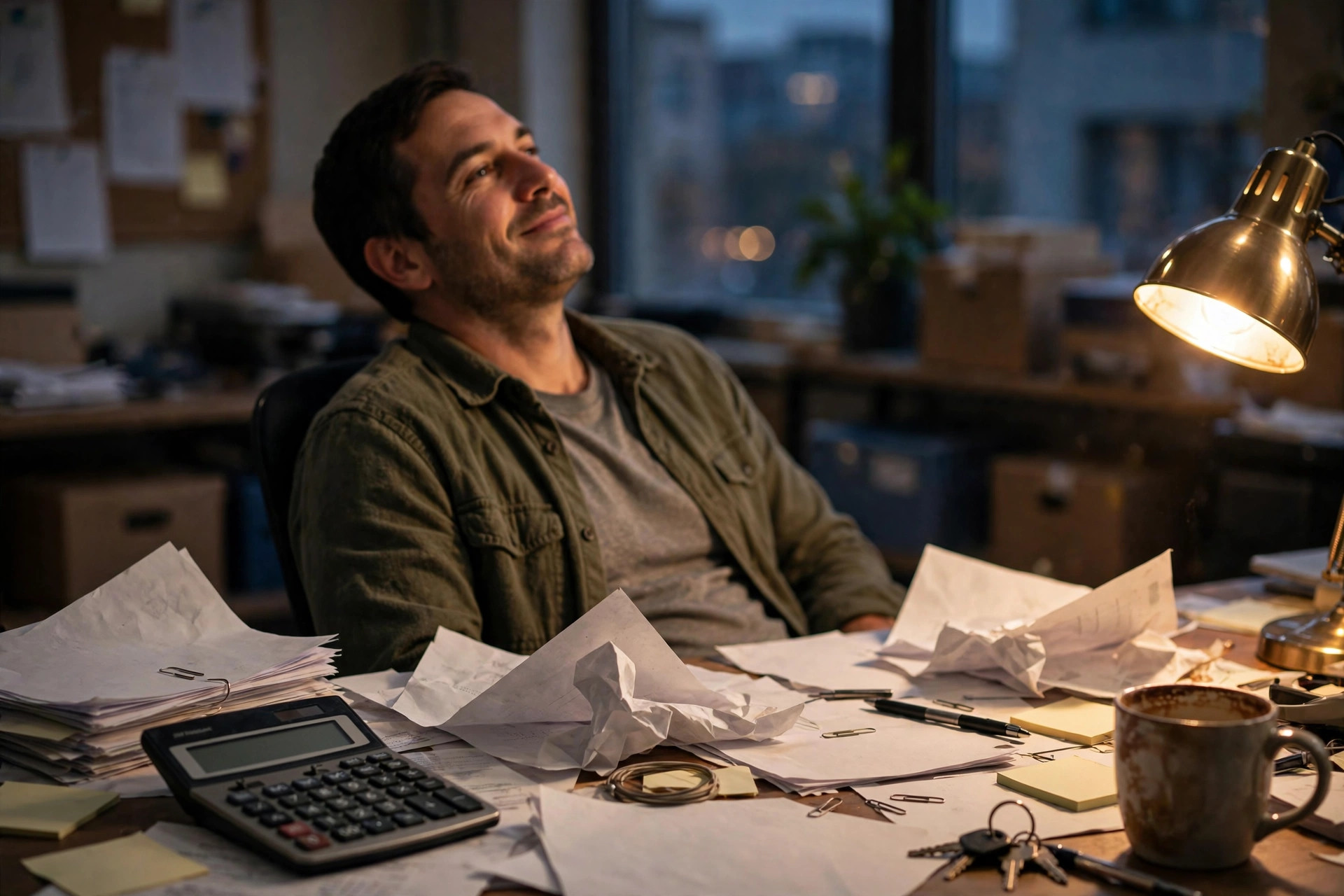 Small business owner at a cluttered desk at dusk, leaning back with relief among loan statements and a calculator, papers pushed aside