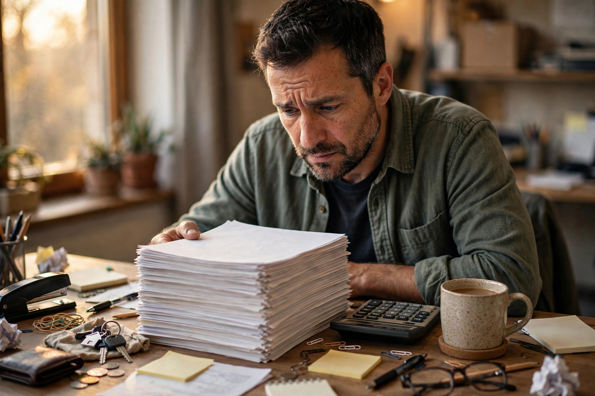 Small business owner reviewing a stack of financial paperwork and a calculator at a desk