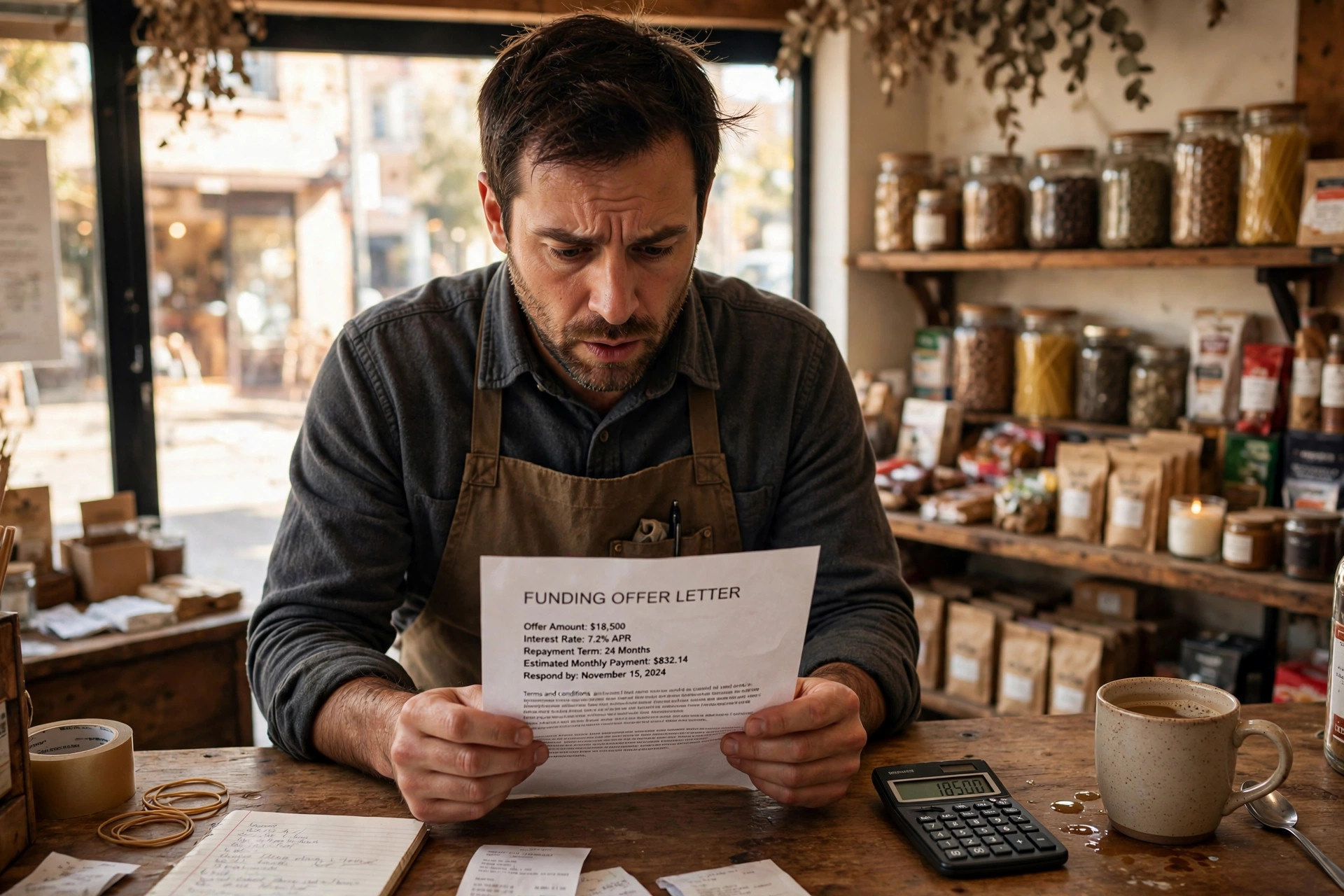 Small business owner in his shop studying a printed funding offer letter with a calculator and coffee on the counter