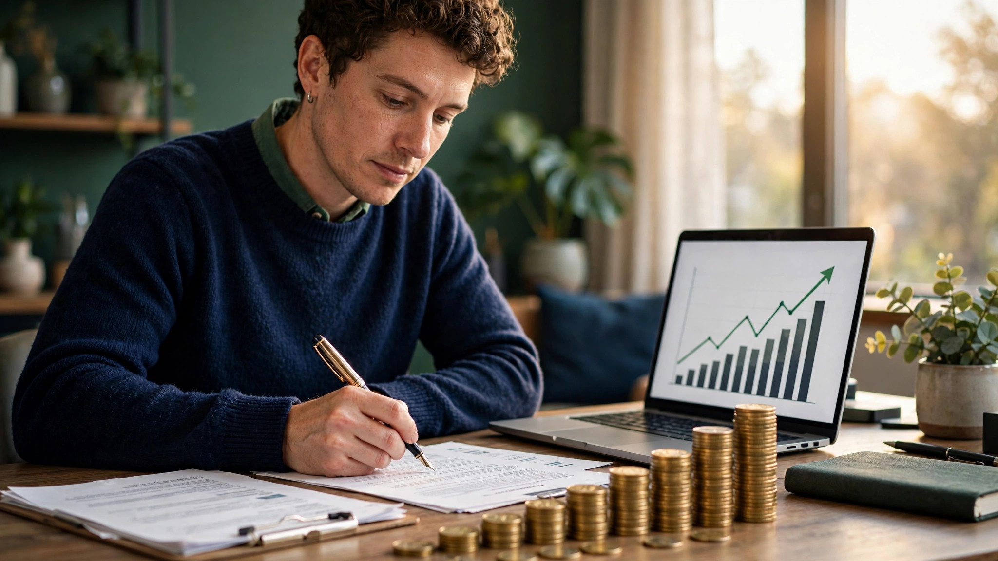 Small business owner reviewing funding documents with growth chart and rising stacks of coins