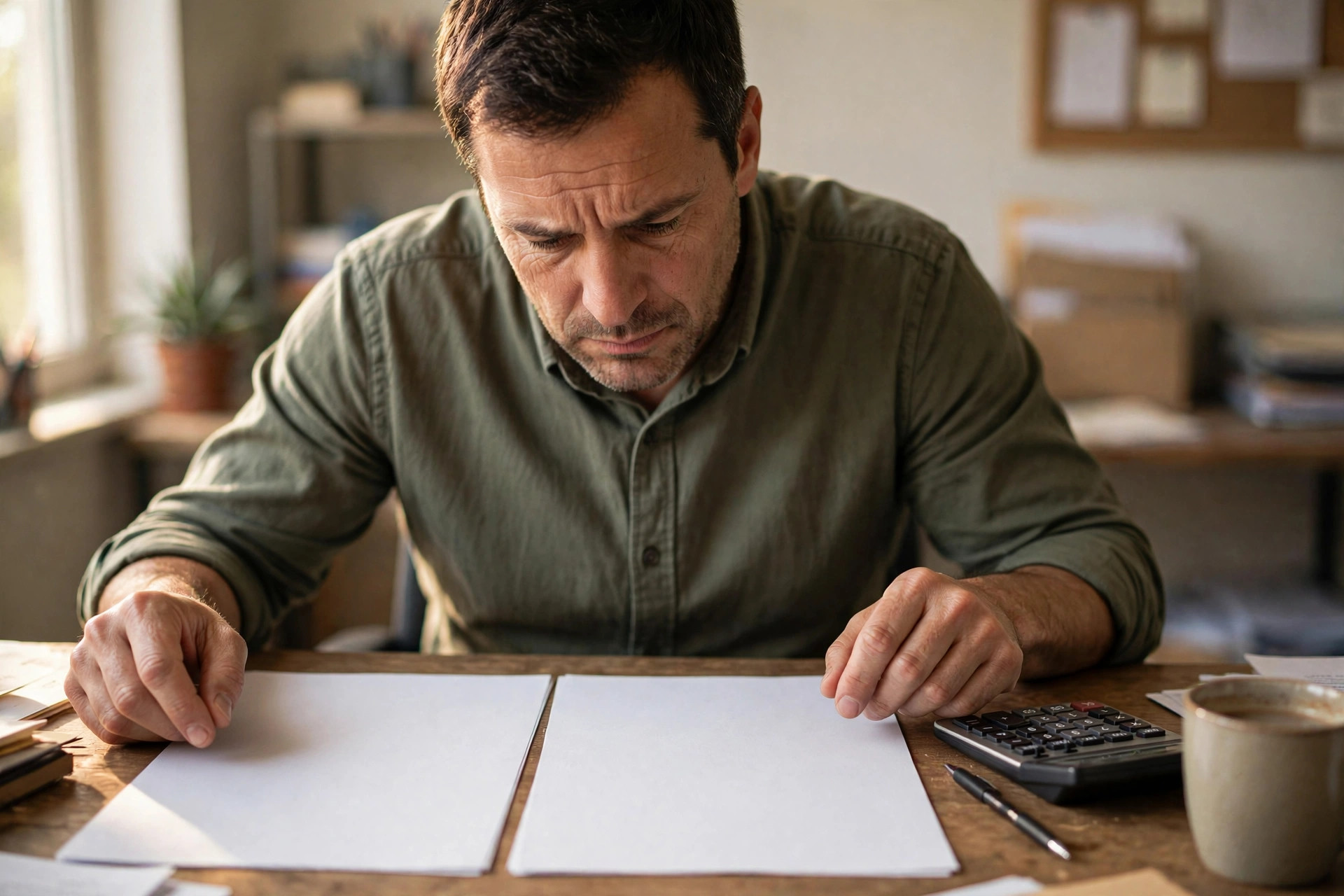Small business owner comparing two funding offers side by side with a calculator at his desk