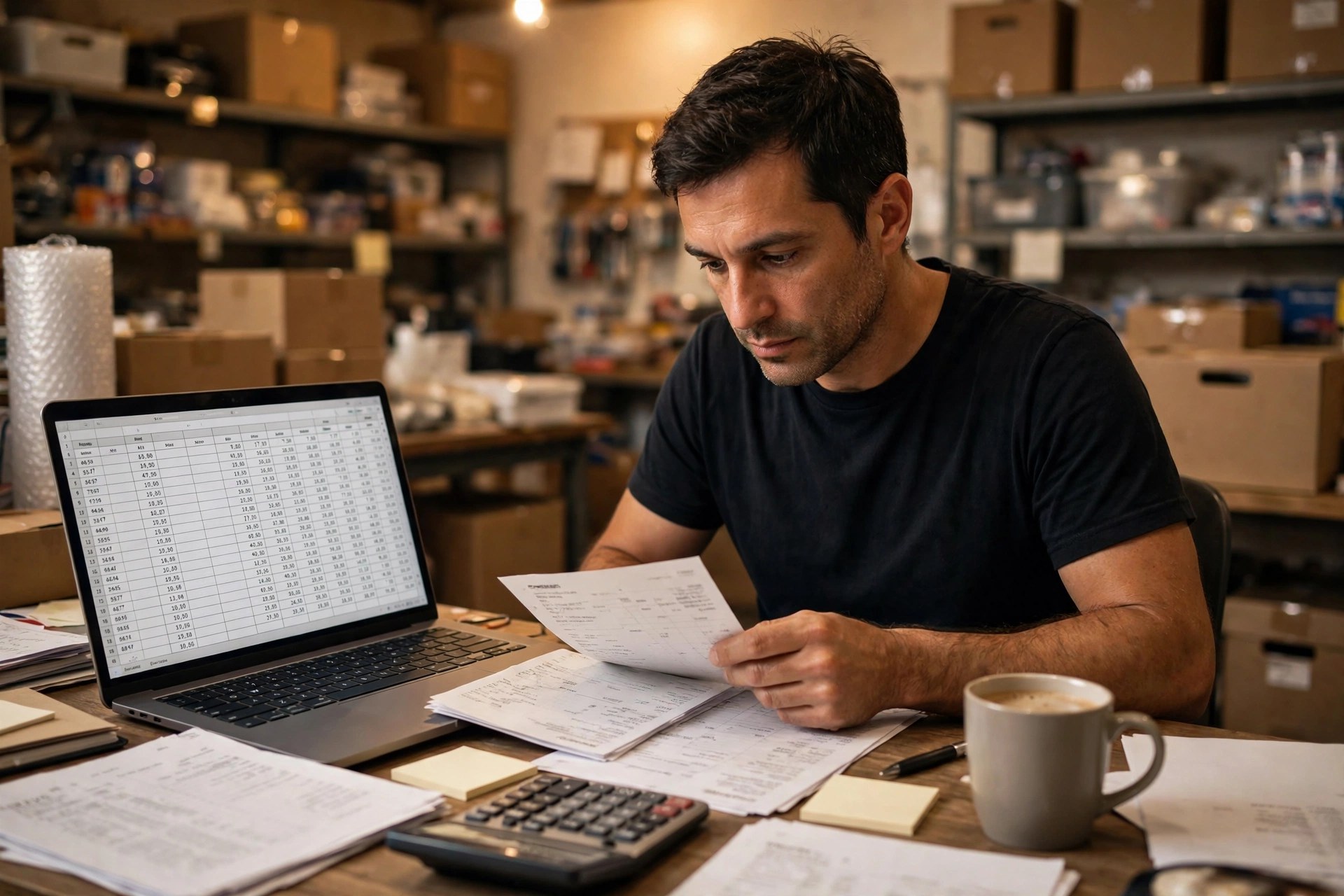 Small business owner reviewing bank statements and a spreadsheet at the back-office desk of his shop