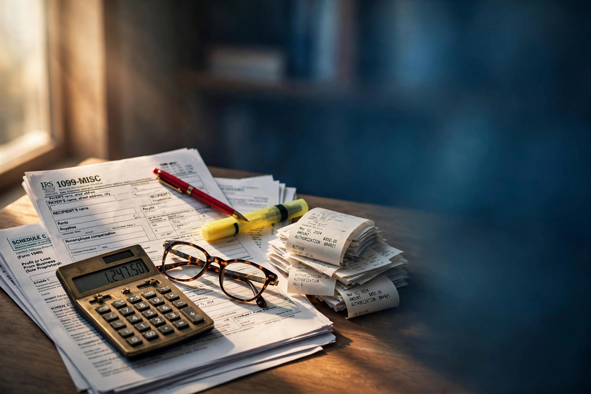 Business tax documents, calculator, and receipts on a desk during tax preparation
