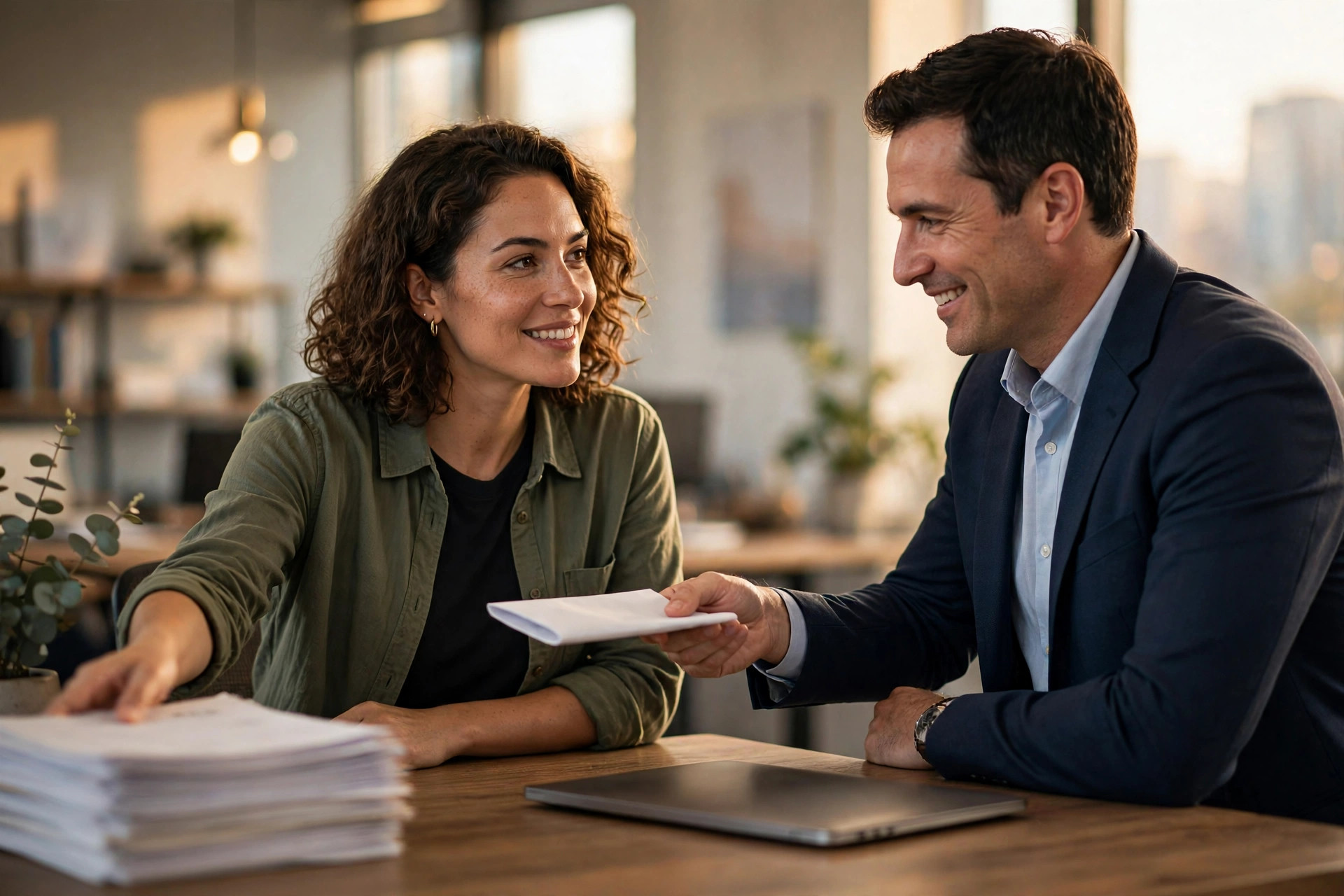 Business owner reviewing legal paperwork with a funding specialist handing over an approval document