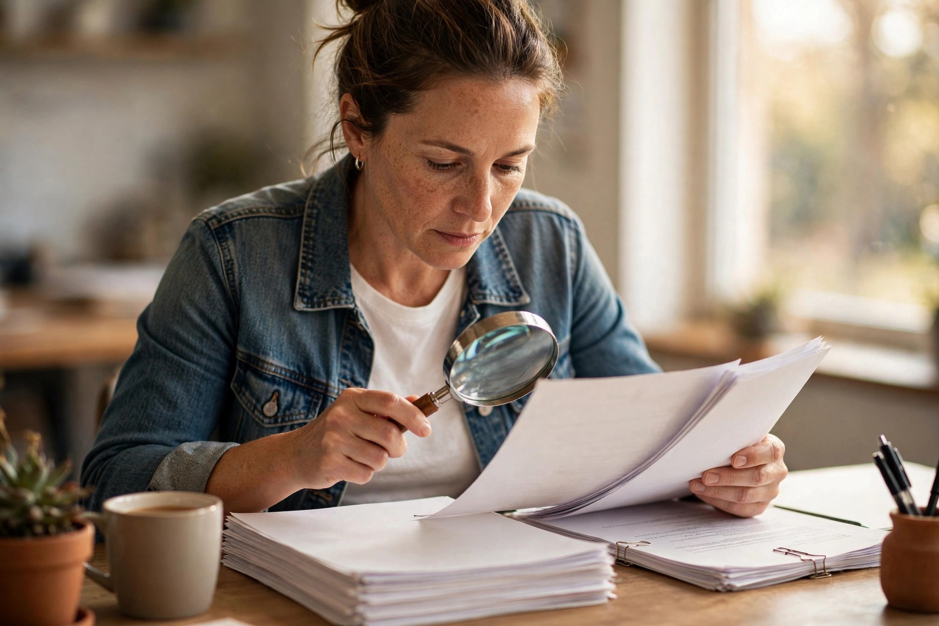 Small business owner reading funding paperwork with a magnifying glass, checking the fine print of the deal