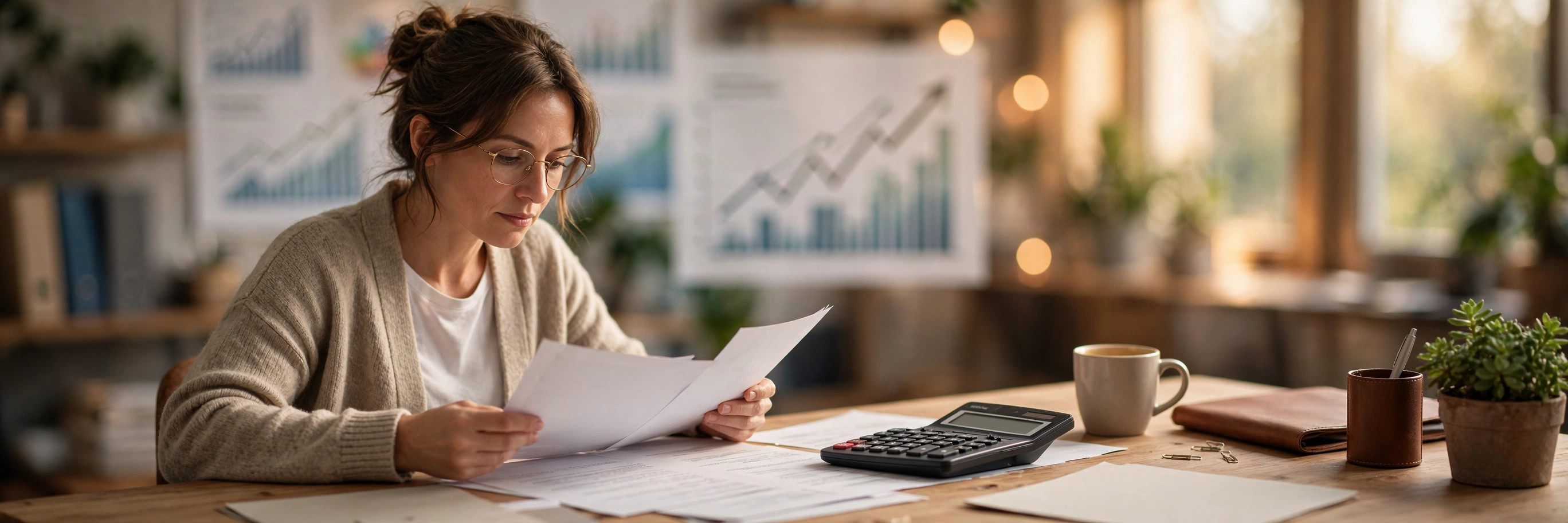 Small business owner reviewing funding documents with a calculator and financial charts