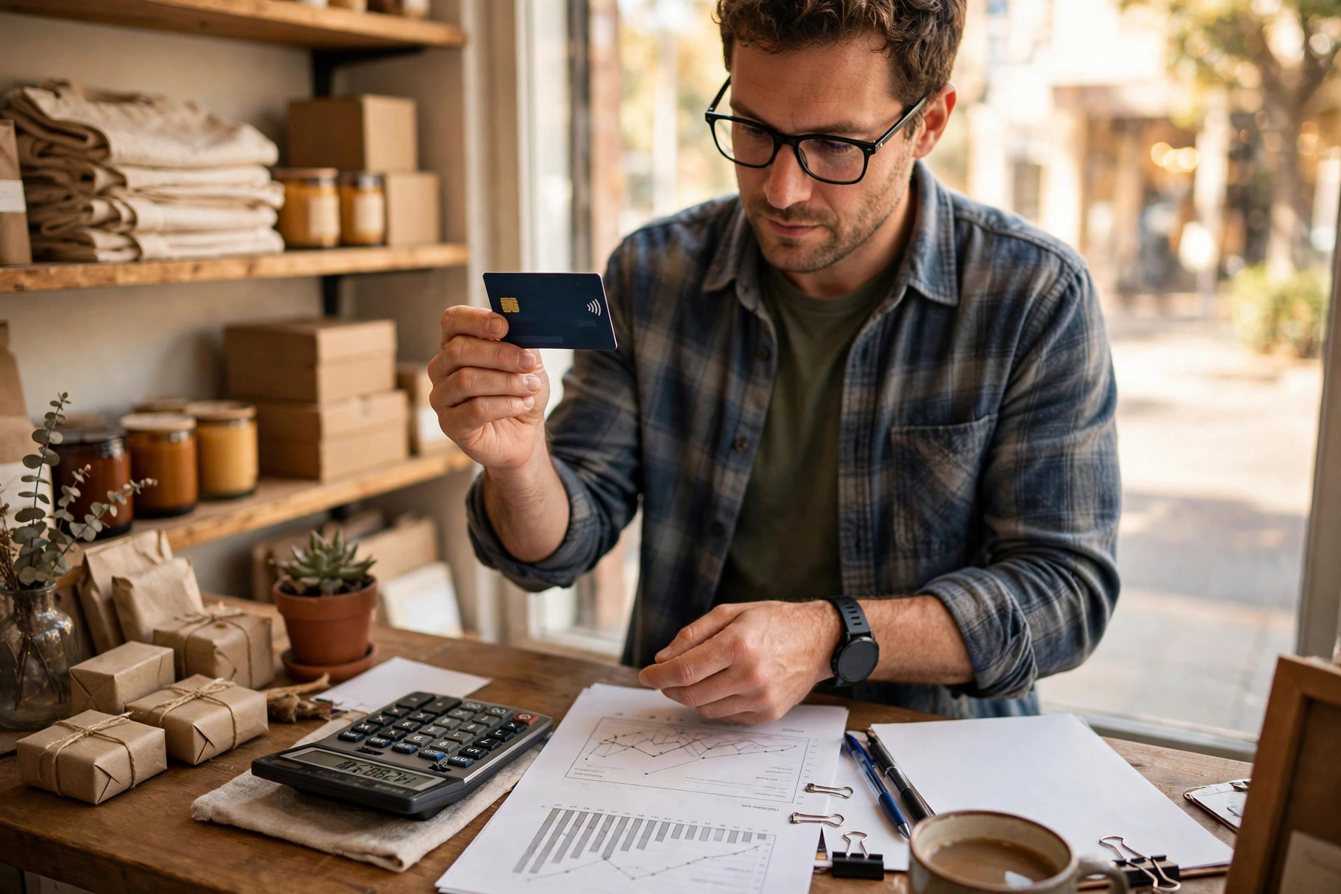 Small business owner holding a credit card while reviewing funding documents and a calculator at his shop counter