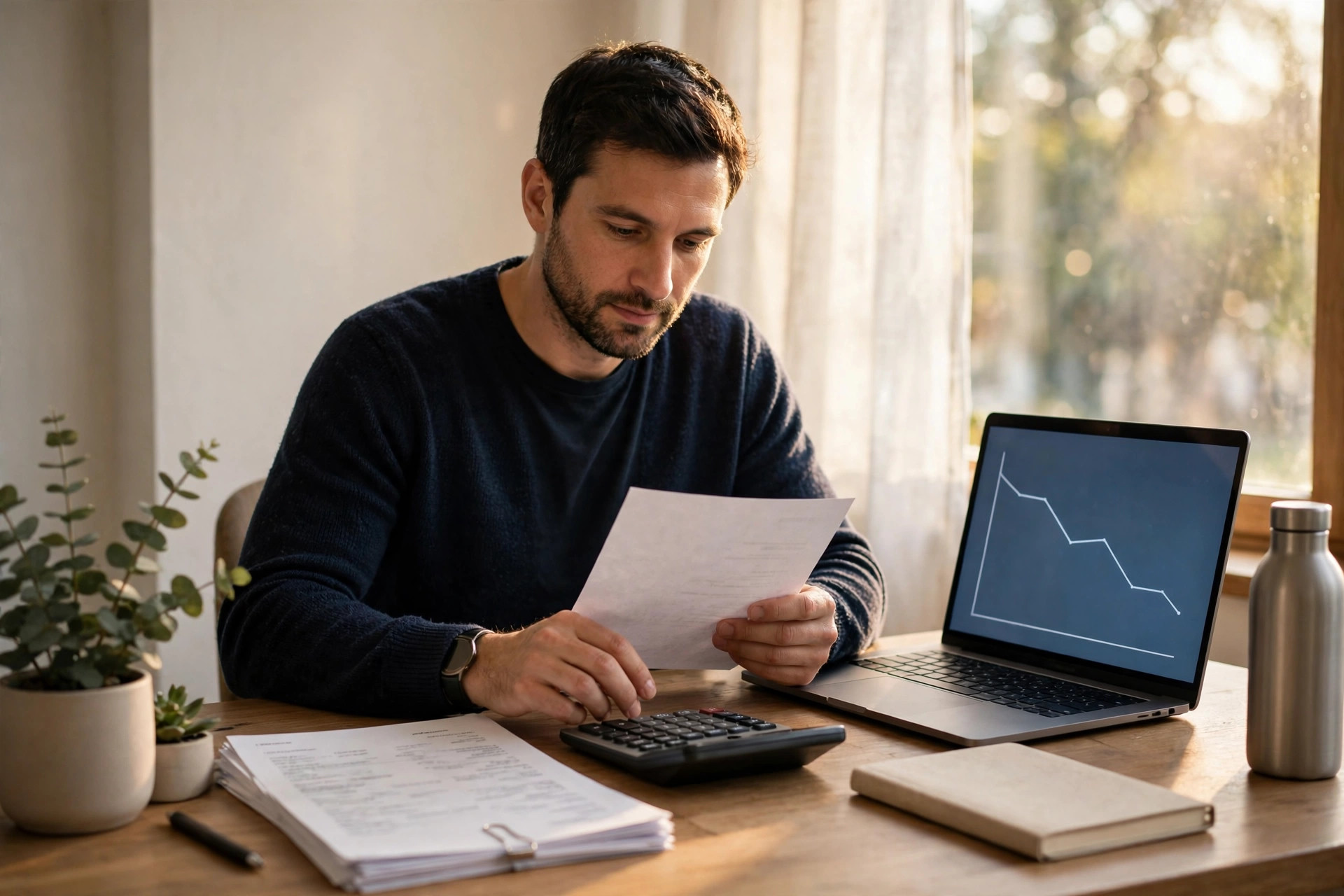 Small business owner reviewing a printed payoff letter with a calculator and bank statements on a desk, laptop showing a declining balance chart