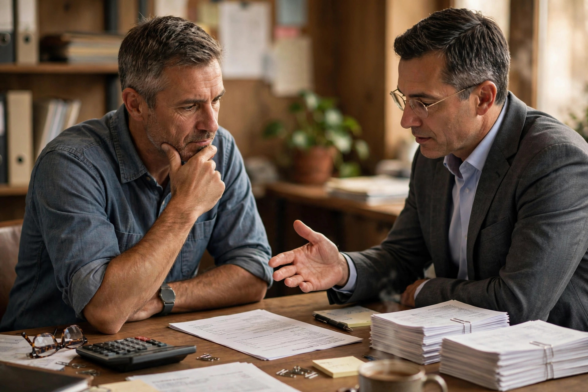 Small business owner in a frank conversation with a funding advisor, reviewing a payment agreement document at a desk