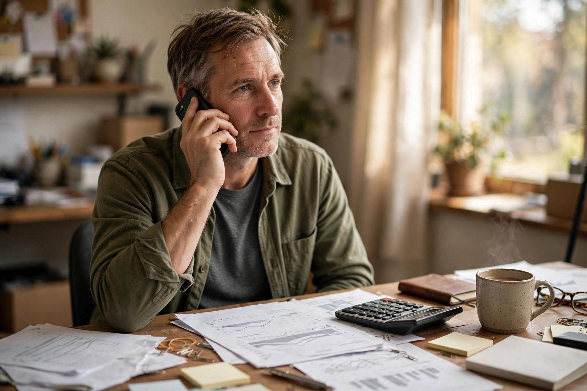 Small business owner on the phone at his desk, calmly negotiating with paperwork and a calculator spread out in front of him