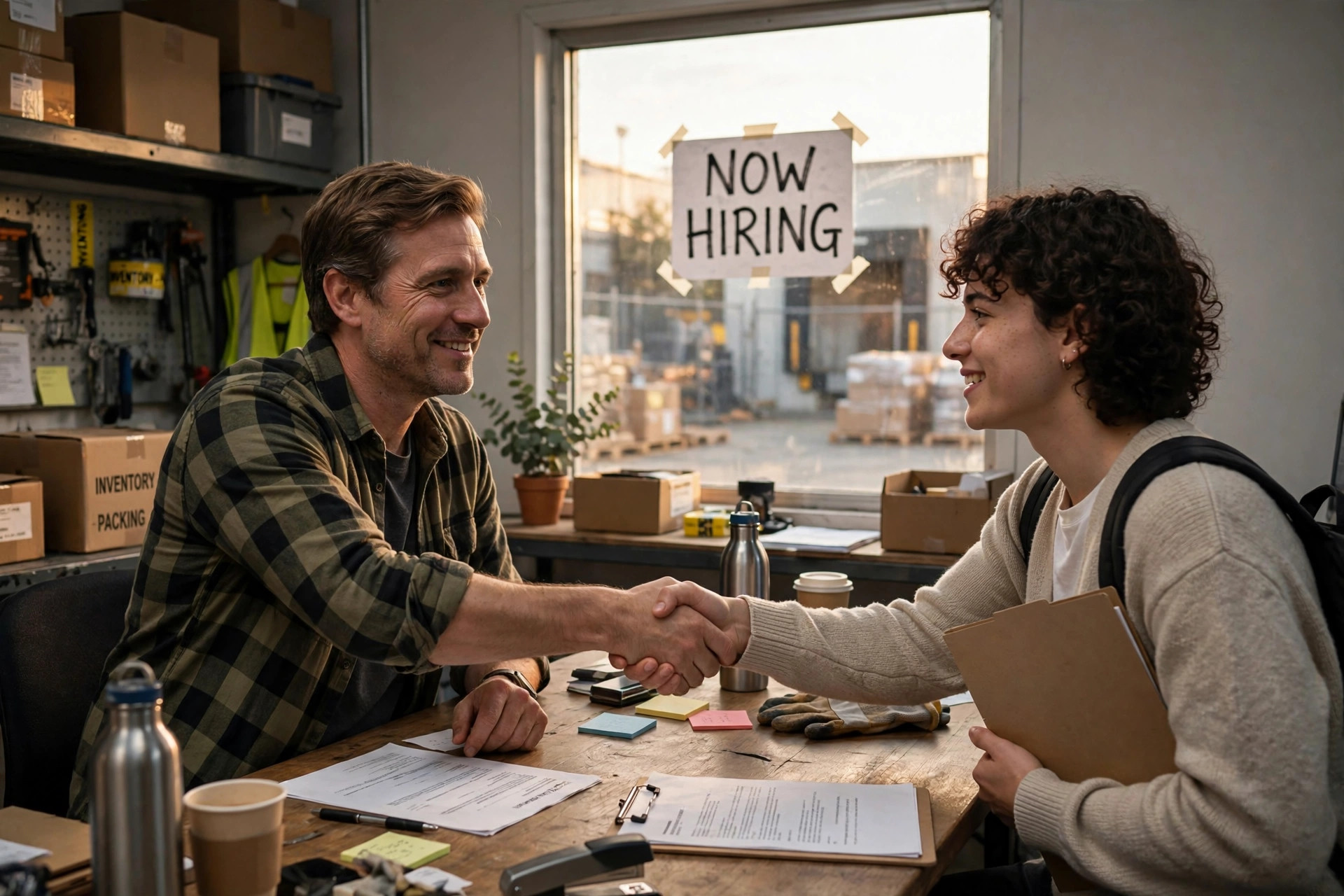 Small business owner shaking hands with a new hire across a desk in a warehouse office, a NOW HIRING sign in the window behind them