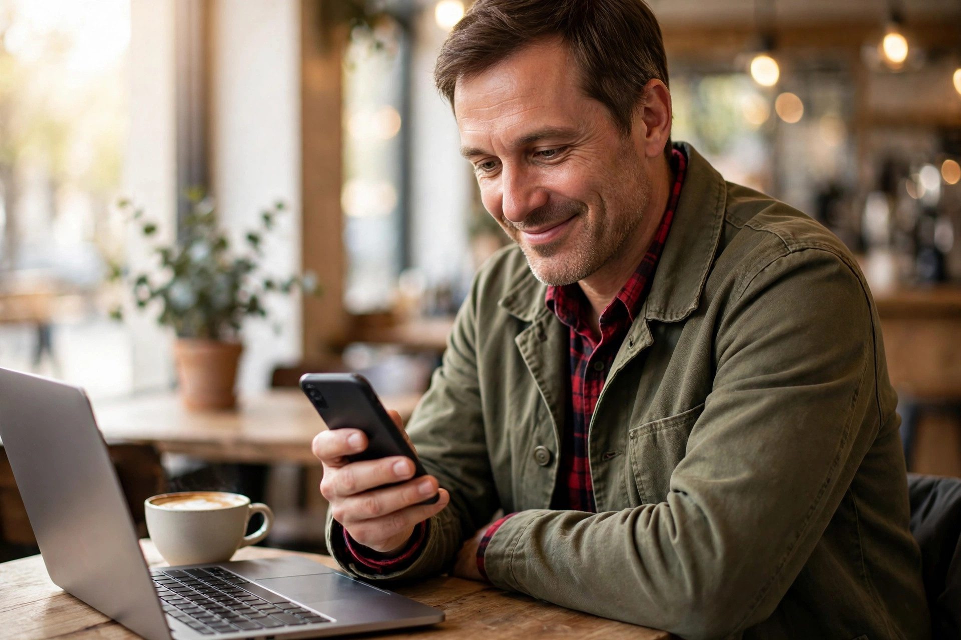 Small business owner completing a fast funding application on his smartphone at a bright café table, laptop beside him, no paperwork in sight