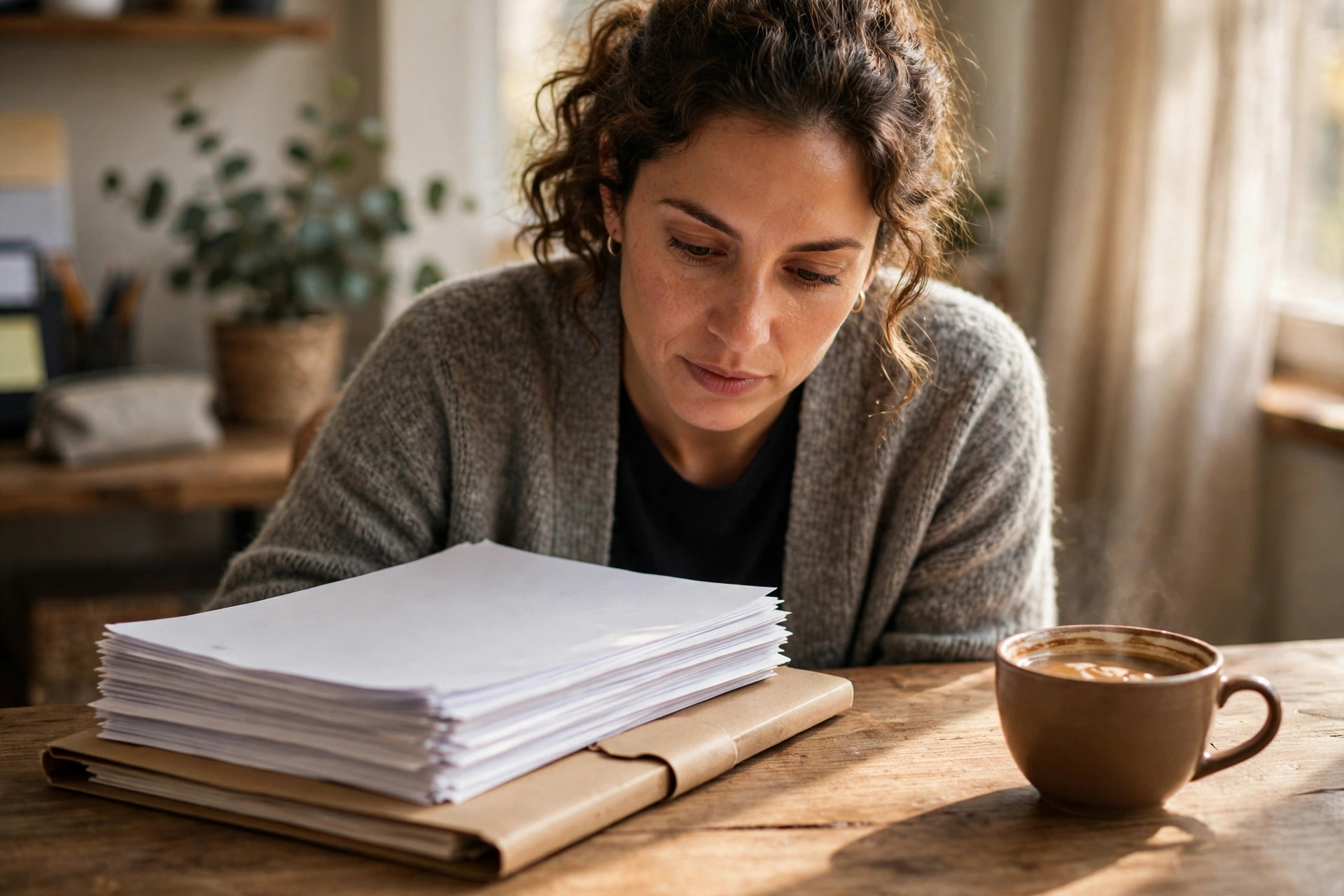 Business owner reviewing loan payoff paperwork at a desk