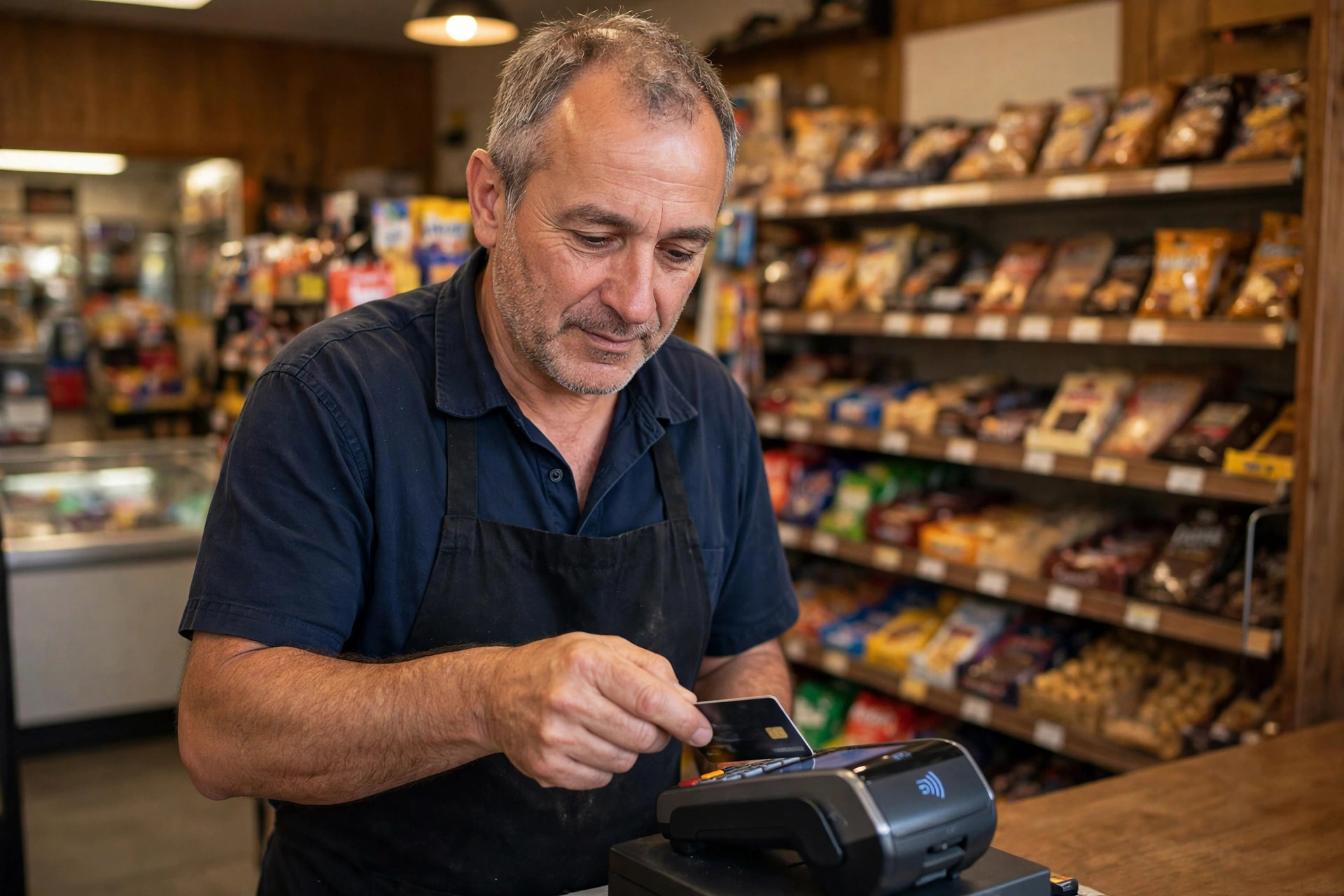 Convenience store owner tapping a card on the POS terminal at his checkout counter