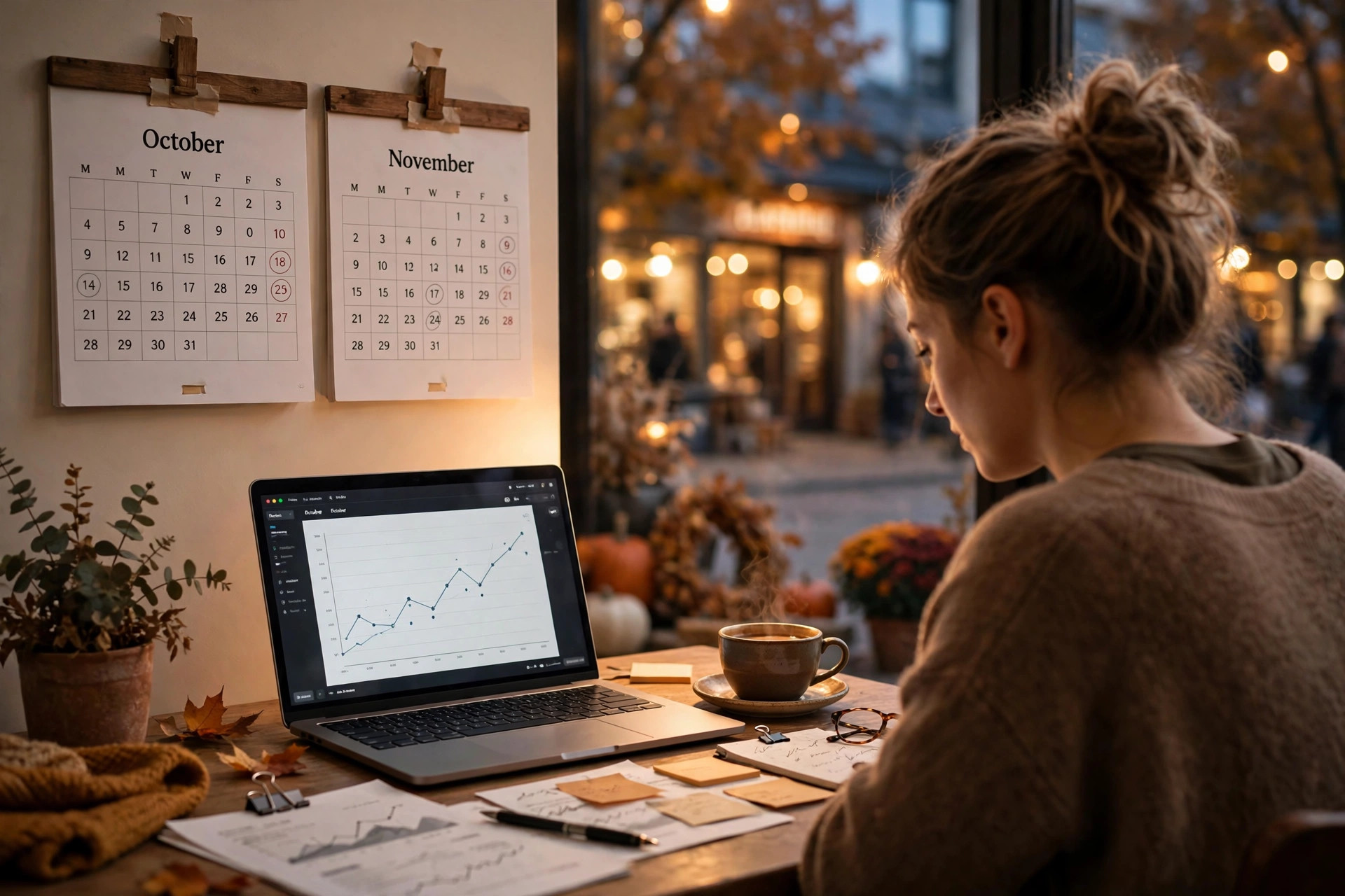 Small business owner reviewing a revenue chart with October and November calendars on the wall ahead of the holiday season