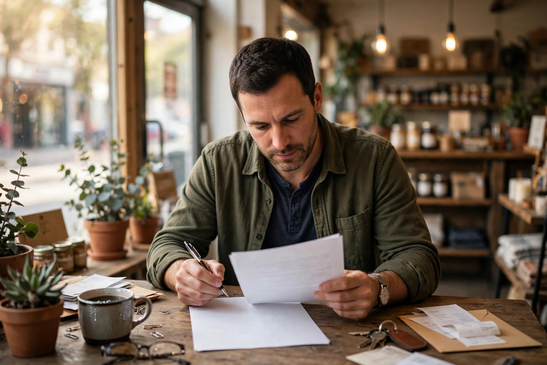 Small business owner reading through a funding agreement at a desk, pen in hand