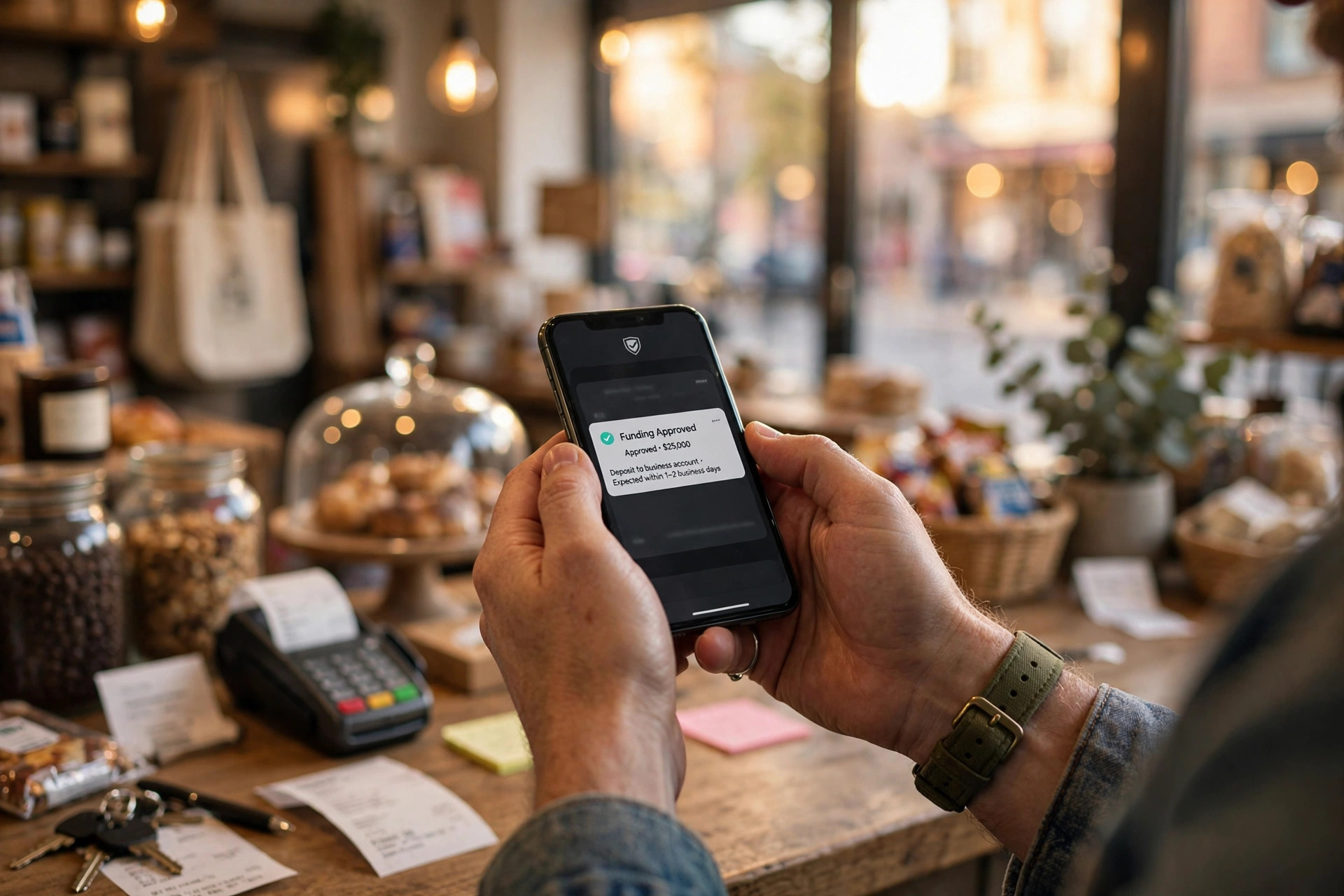 Small business owner holding a phone with a funding approval notification at a retail shop counter
