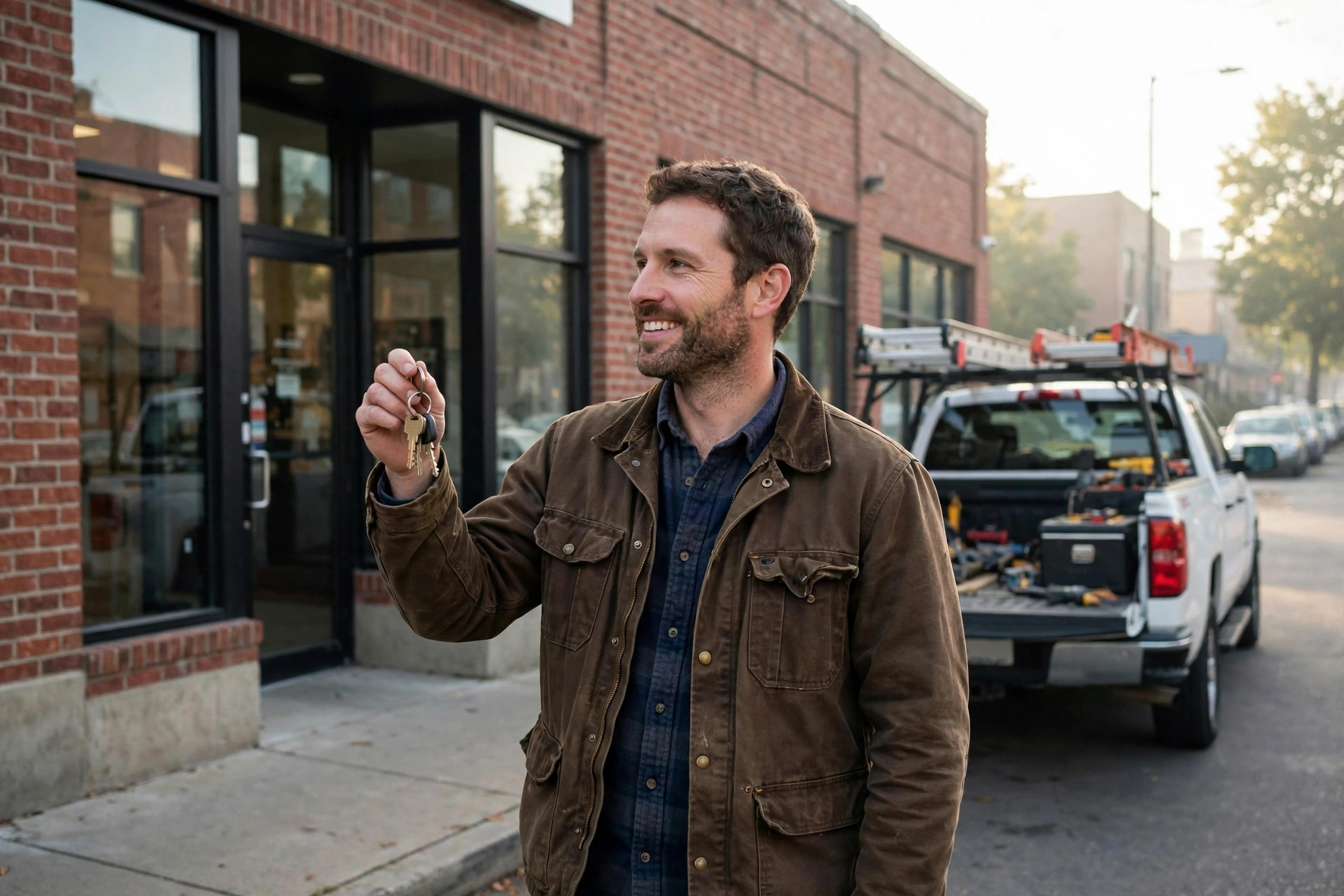 Small business owner holding the keys to a newly purchased brick commercial building, contractor's work truck parked at the curb