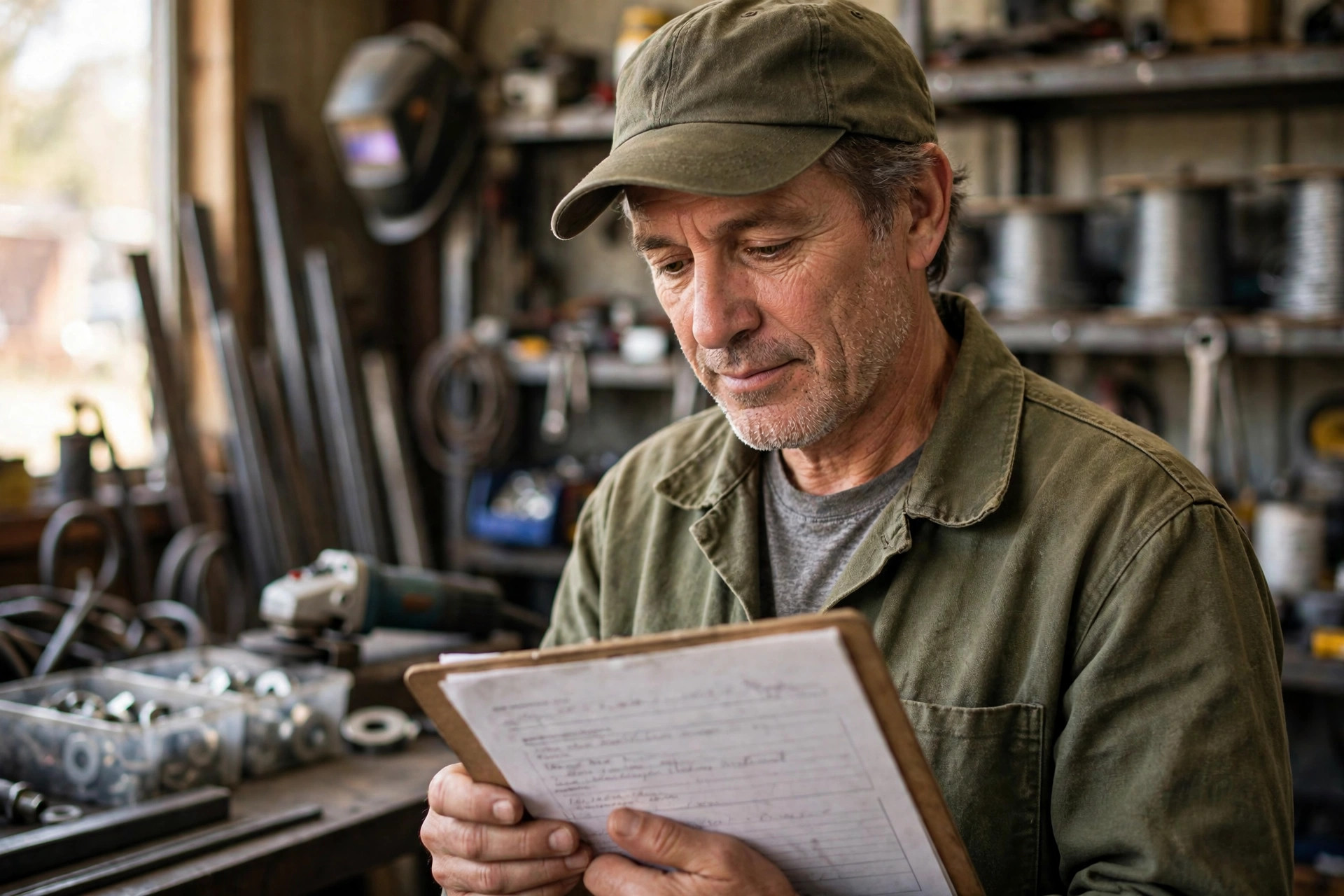 Small metal fabrication shop owner reviewing paperwork in his workshop
