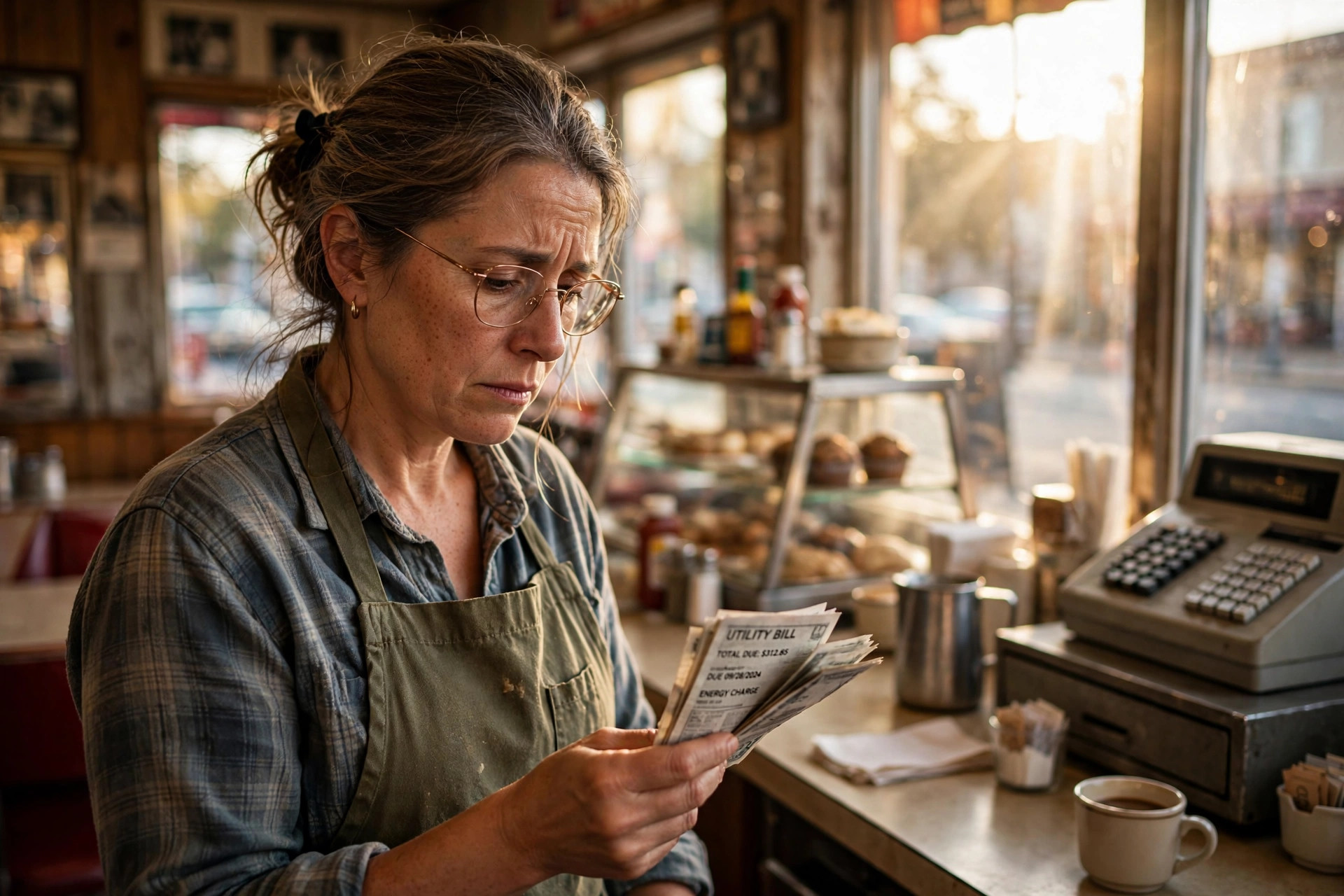 Small business owner reviewing a utility bill behind the counter of her diner