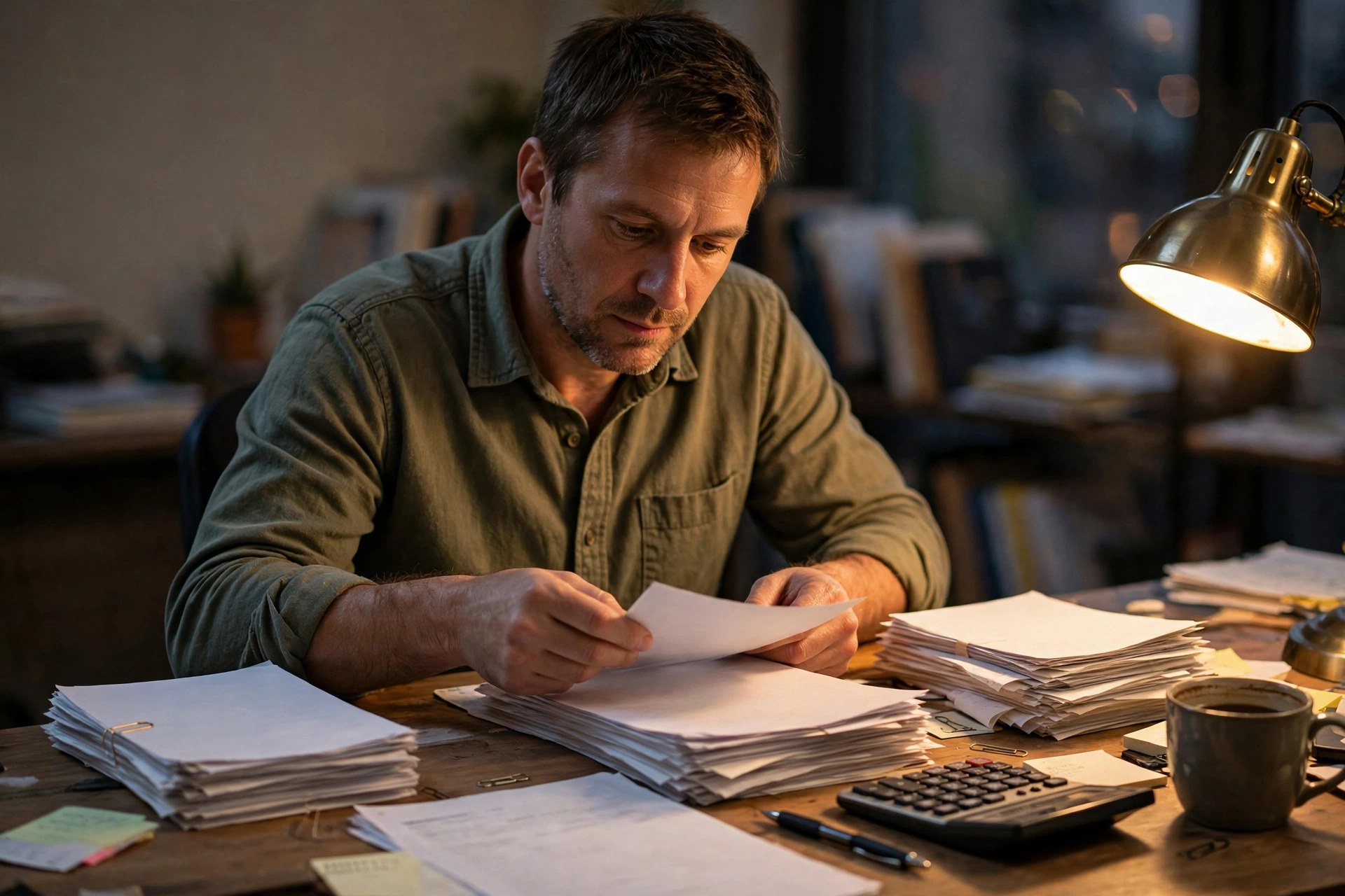 Small business owner sorting through stacks of funding paperwork with a calculator, planning which advance to settle first