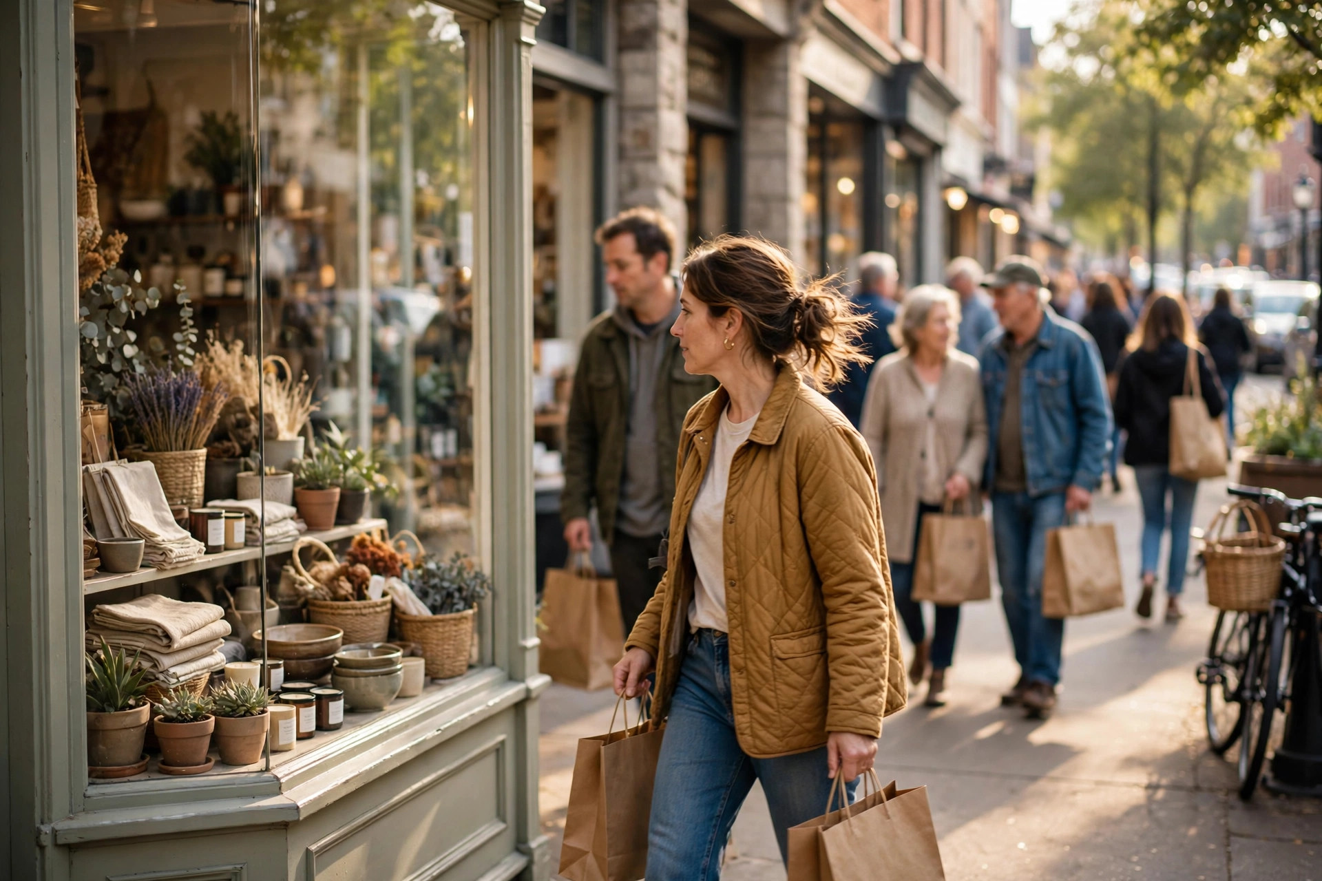 Busy independent retail storefront on a Saturday morning with shoppers carrying bags past a Shop Small sign in the window