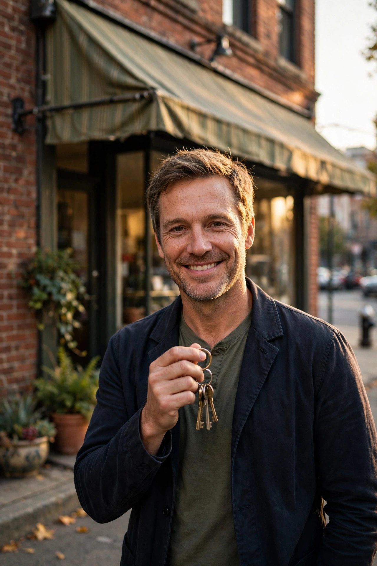 Small business owner standing in front of his brick storefront holding the shop keys, confident in the late-afternoon sun