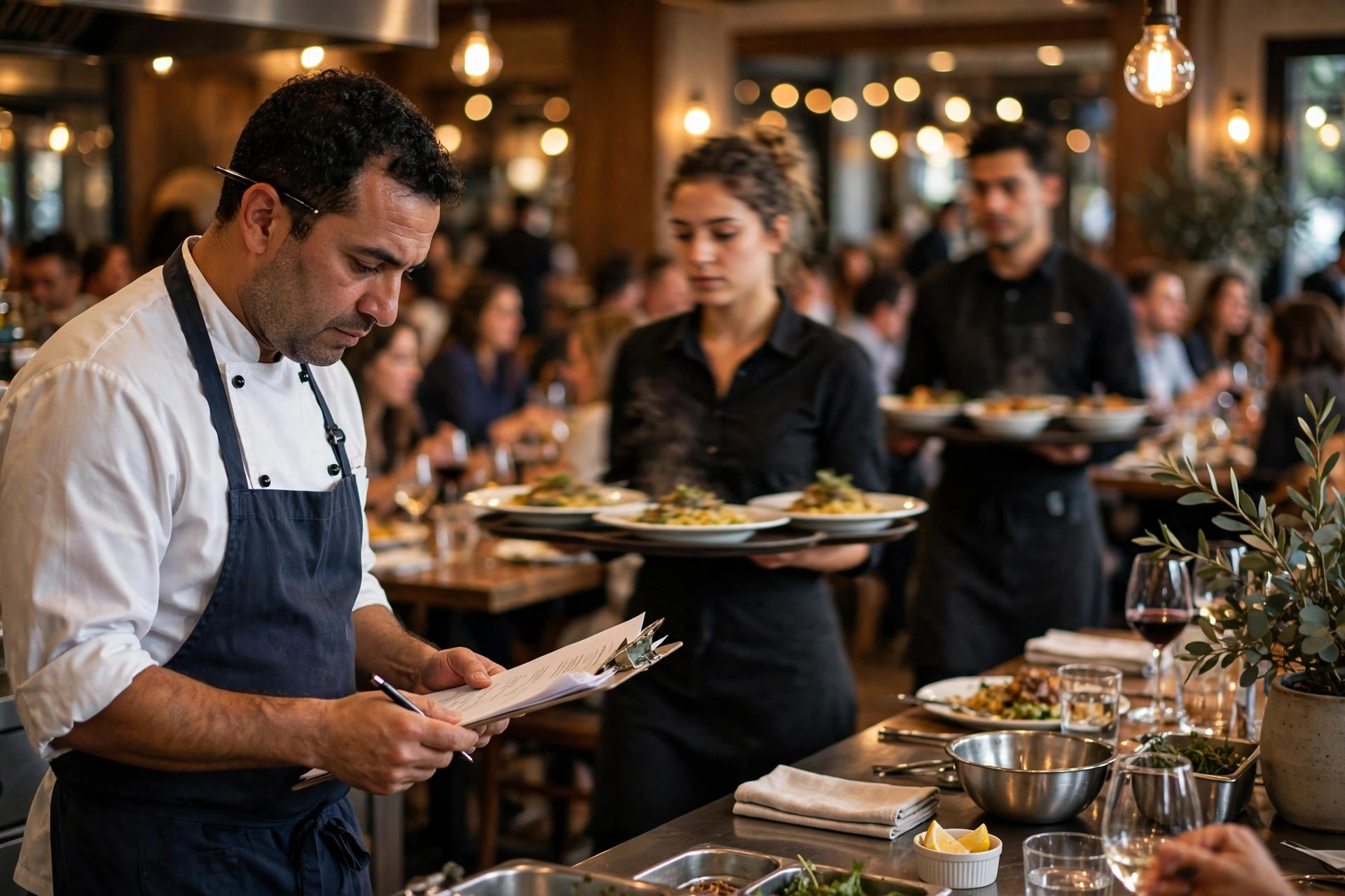 Chef-owner reviewing paperwork at the pass of a busy restaurant during dinner service