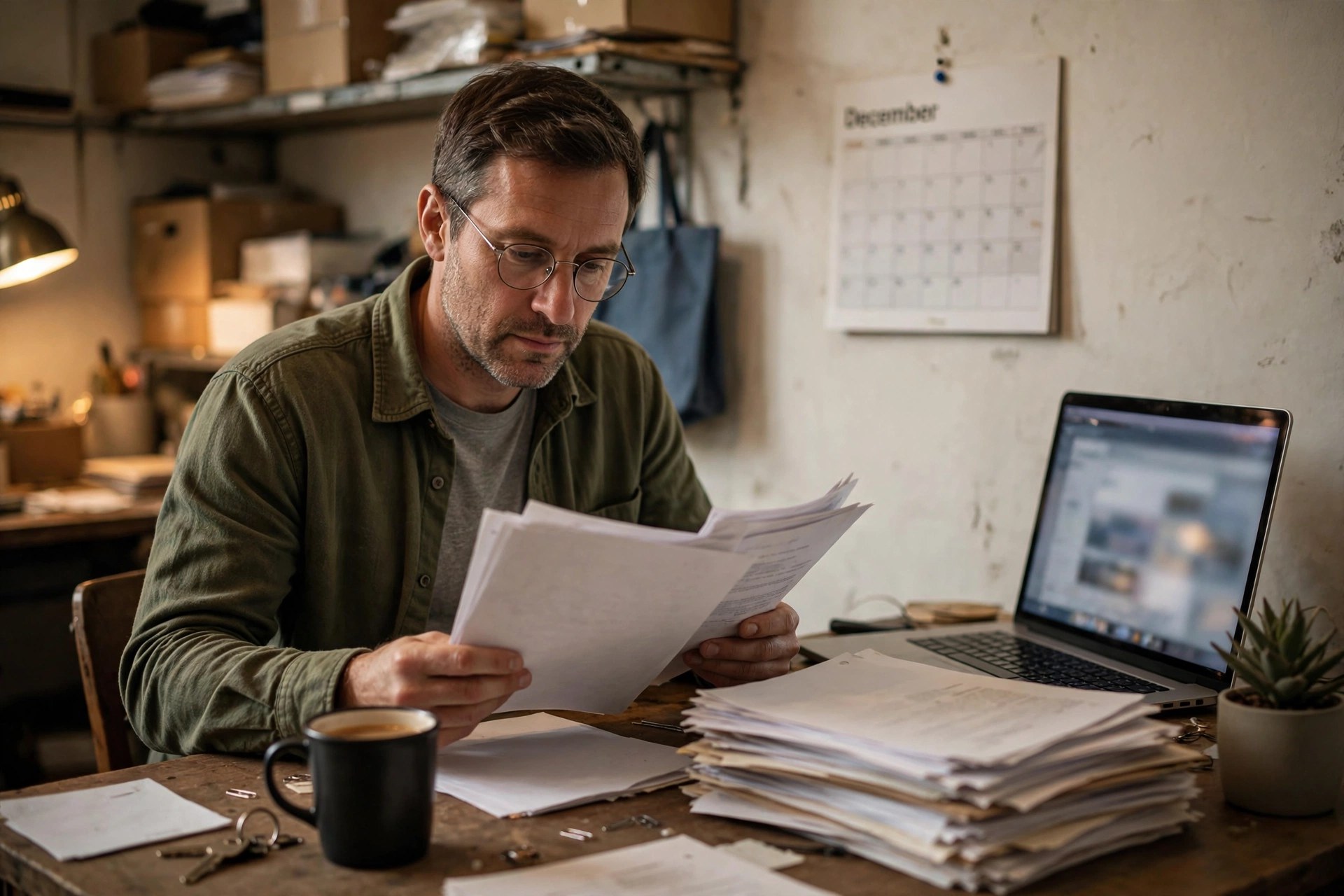 Small business owner at a back-office desk reviewing paperwork with a December calendar on the wall, preparing for a regulatory deadline