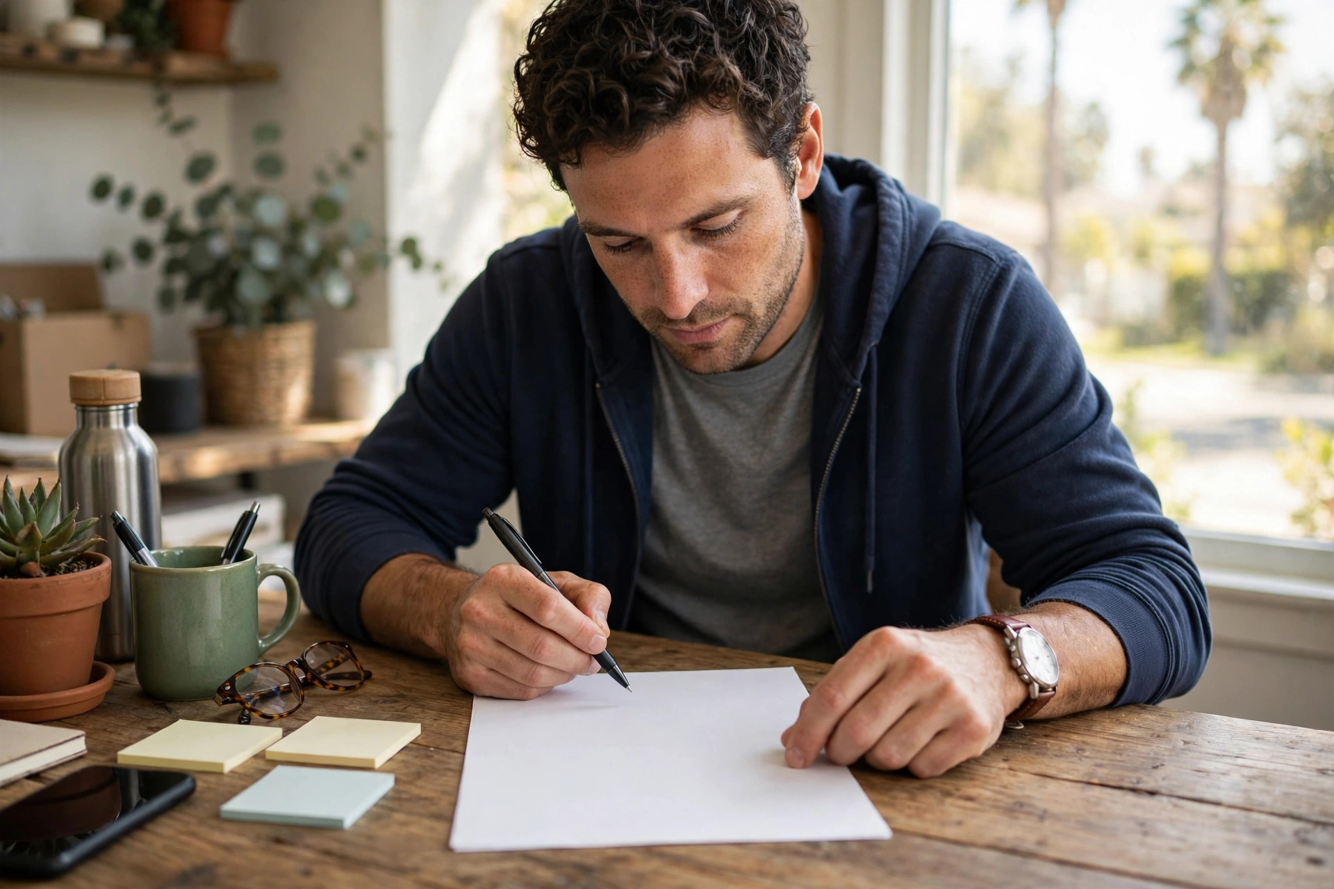 A California business owner reviewing a funding contract with a pen at a desk