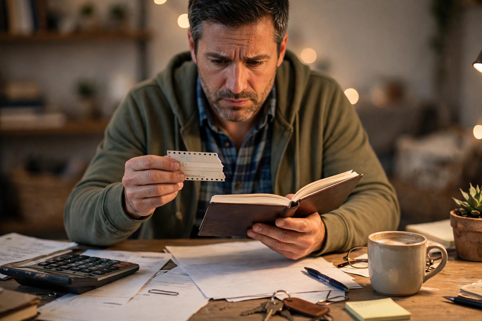 Small business owner examining a check at his desk, trying to figure out why his lender asked for a voided check