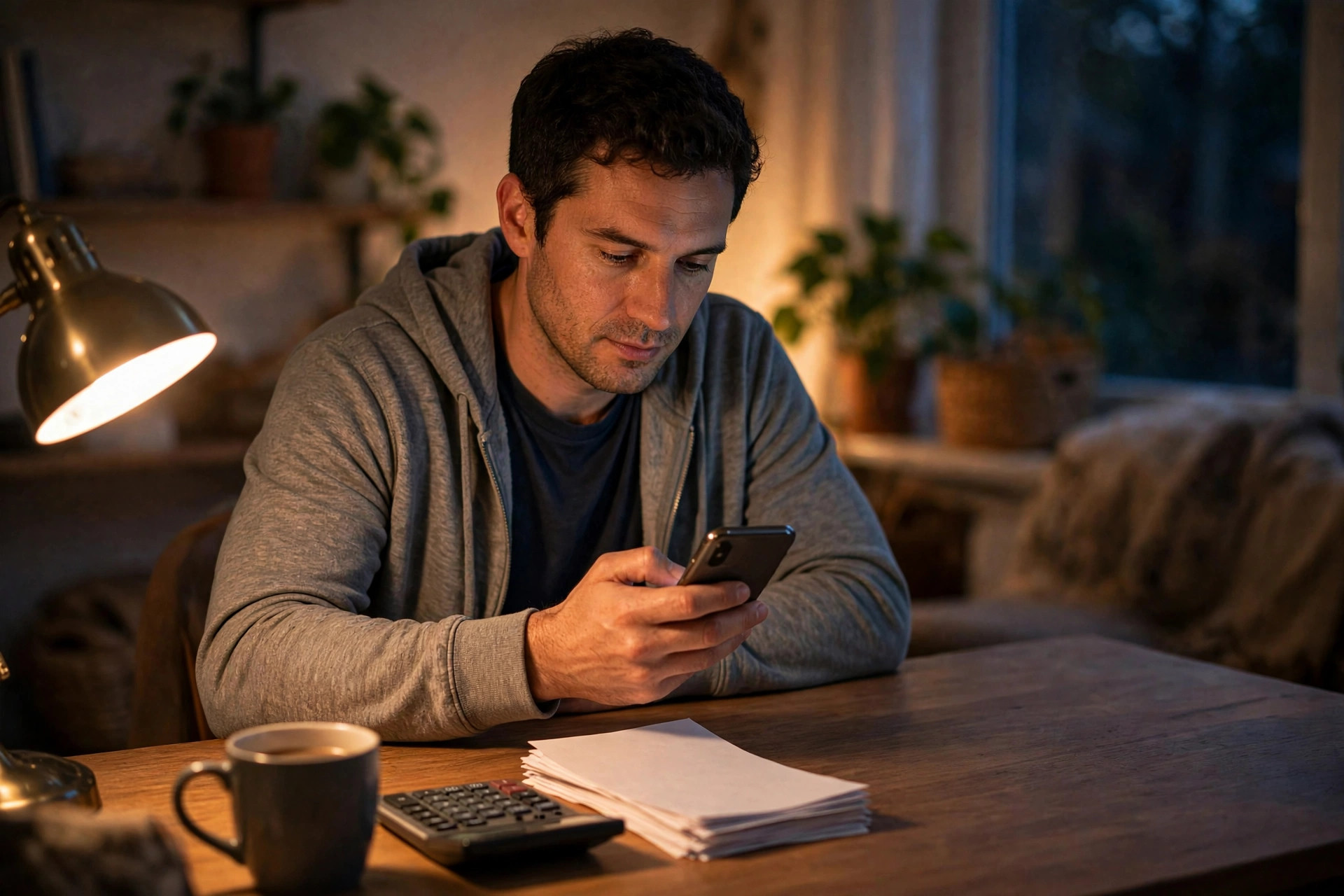 Small business owner checking their phone at a desk at night, with printed bank statements and a calculator nearby