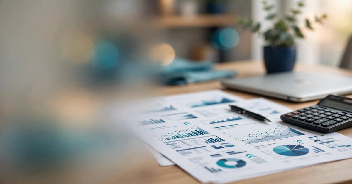 Business bank statements with charts, pen, and calculator on a desk