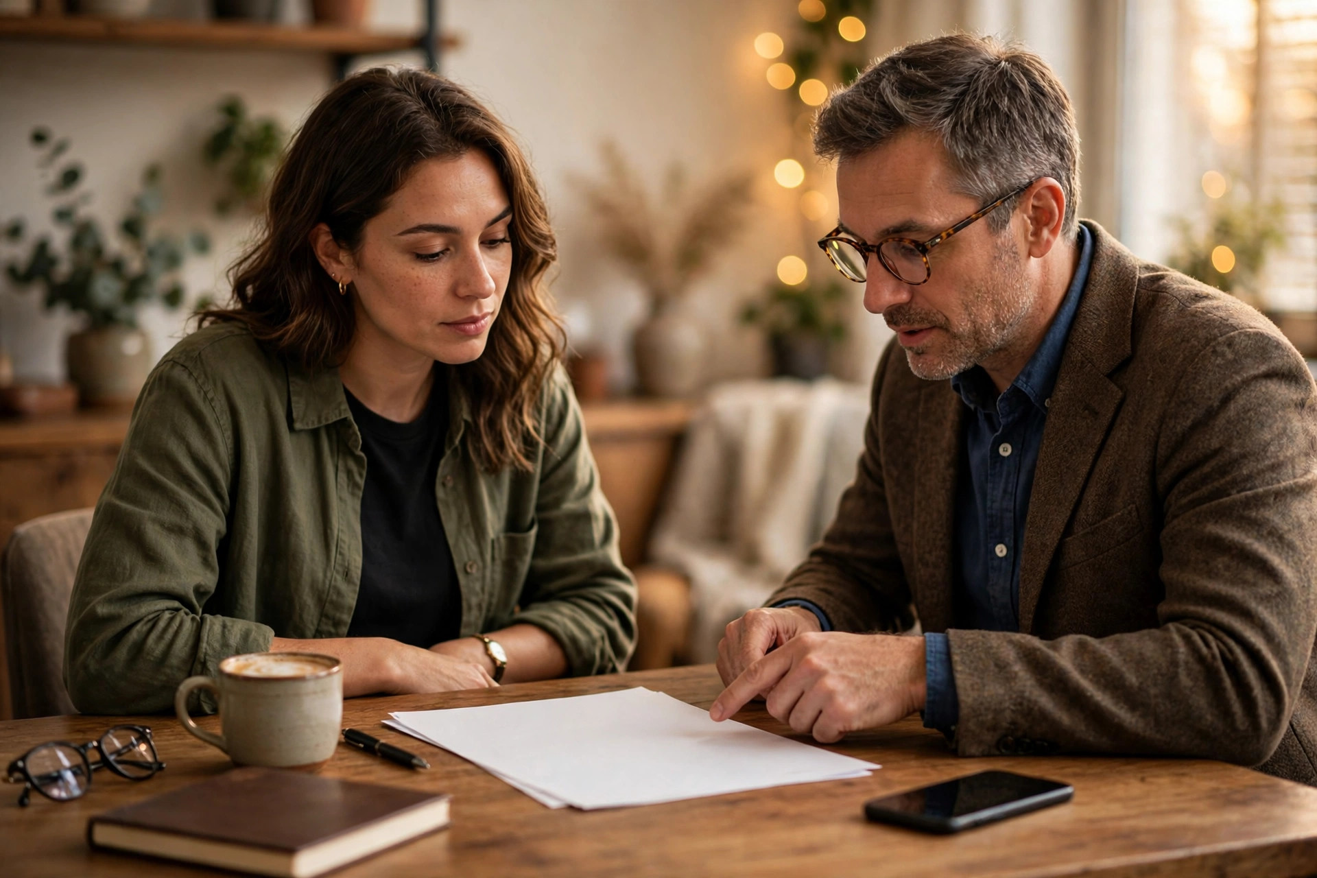 Small business owner reviewing a funding offer document with an advisor
