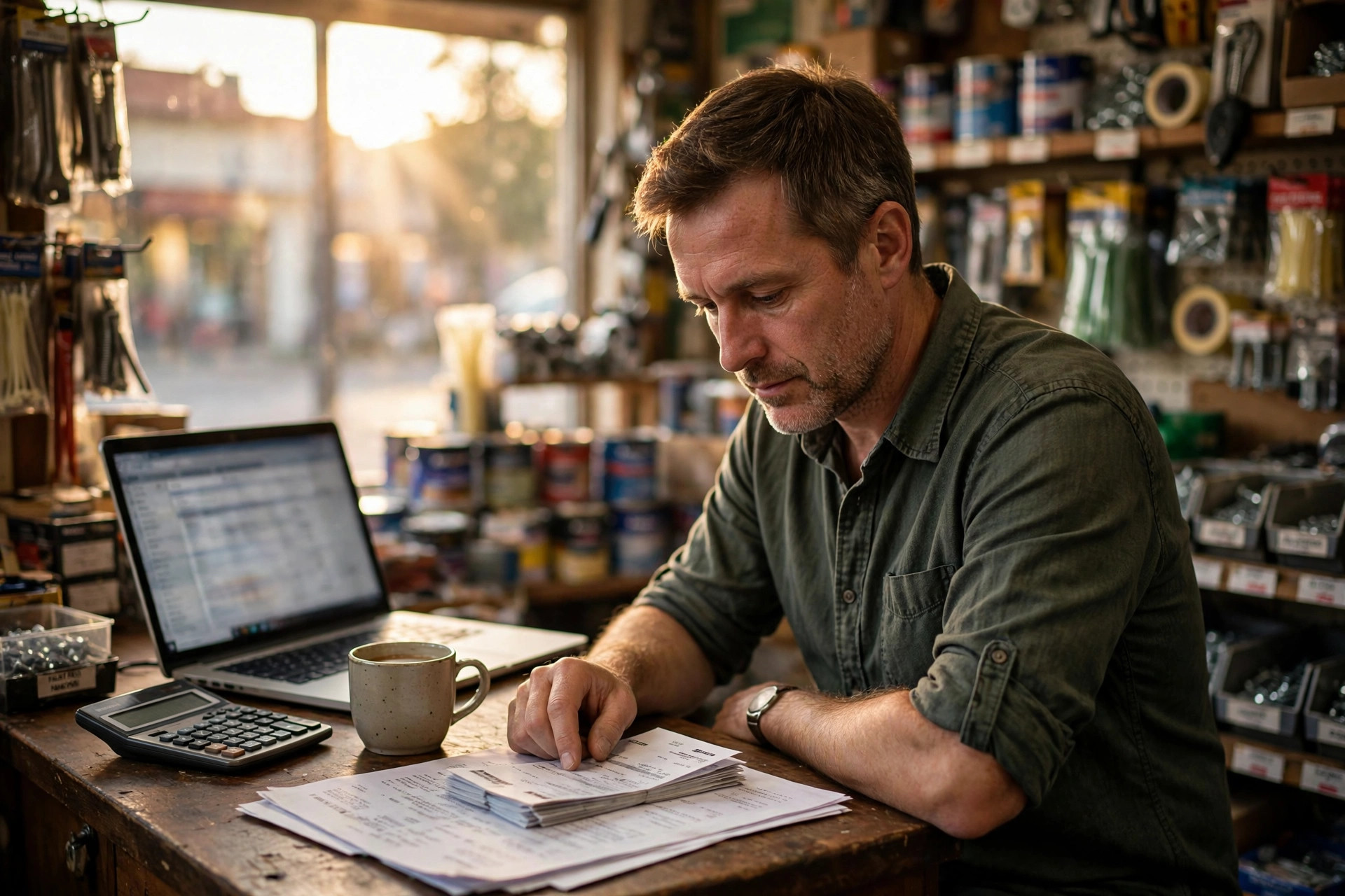 Small business owner reviewing bank statements and paperwork at his shop counter with a laptop